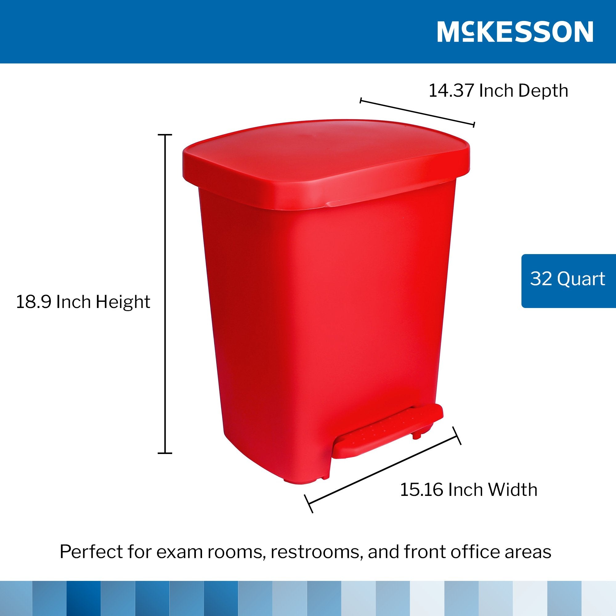 Red pedal trash bin with dimensions labeled