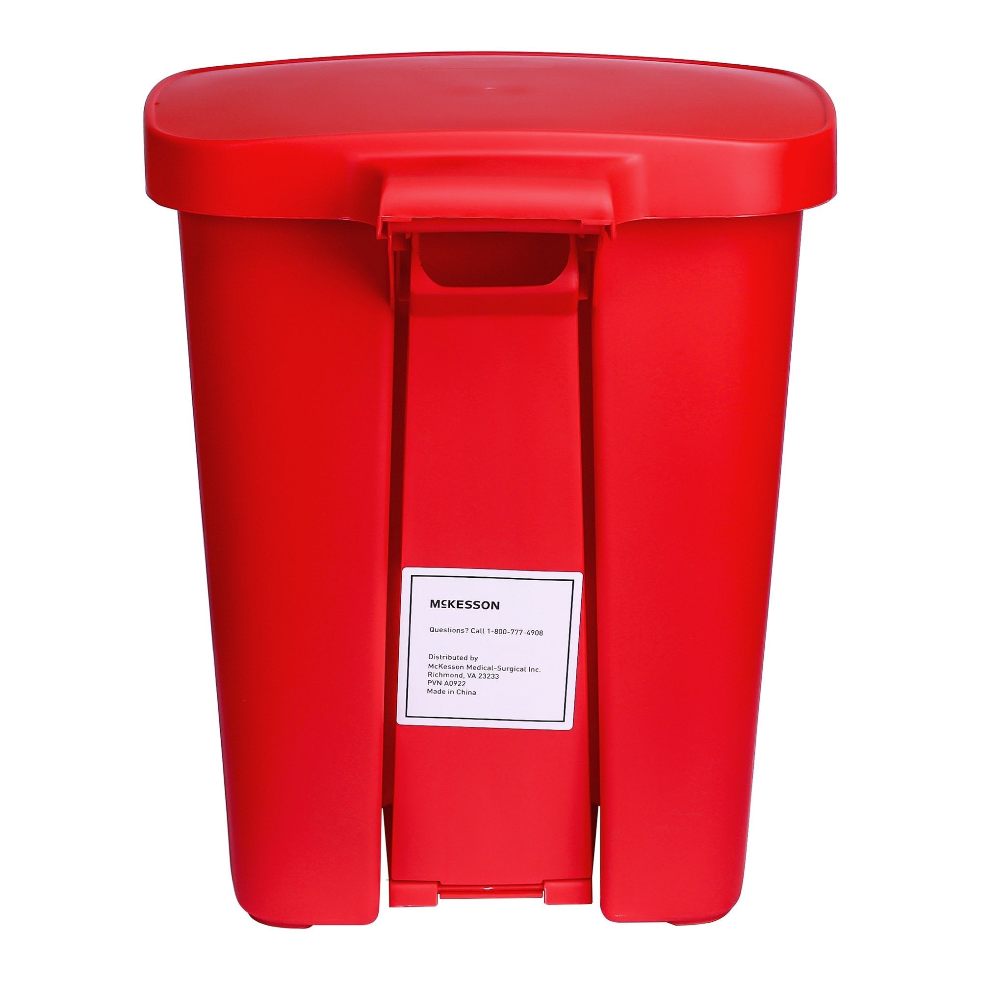 Back view of red plastic pedal trash bin