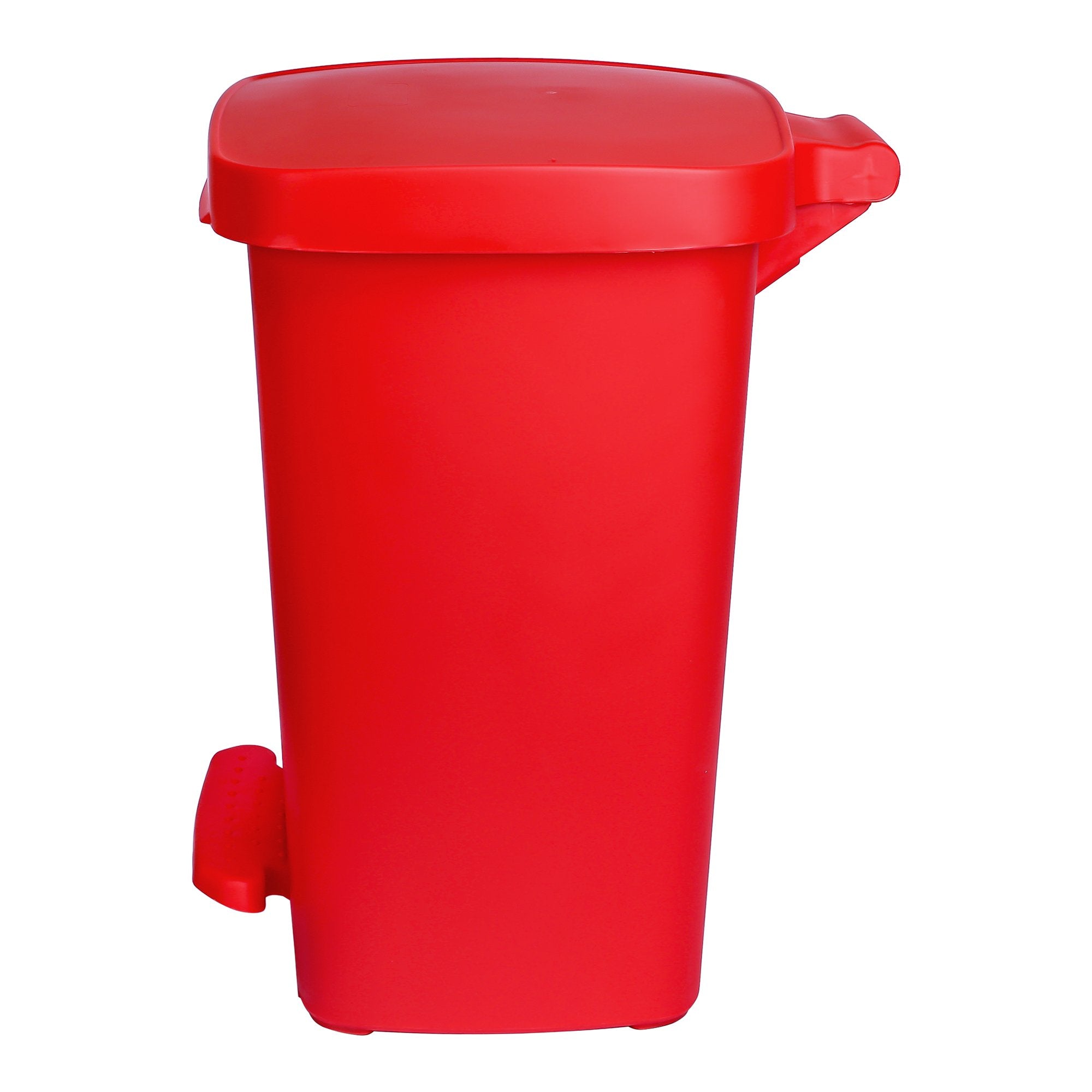 Side view of red pedal operated trash bin