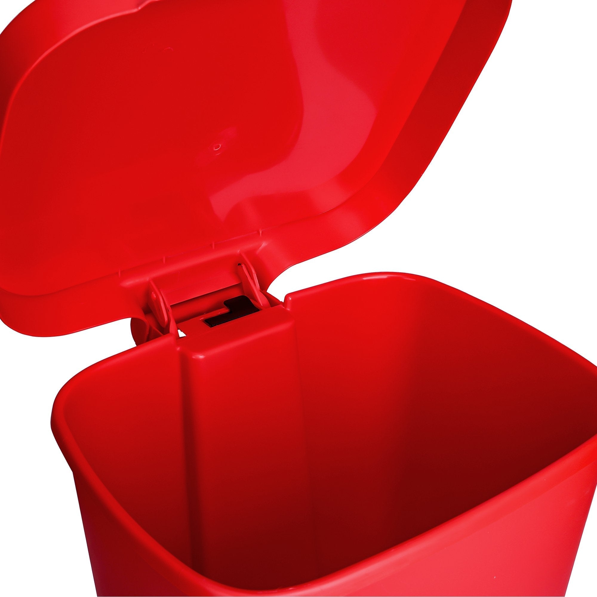 Open red plastic trash bin with lid