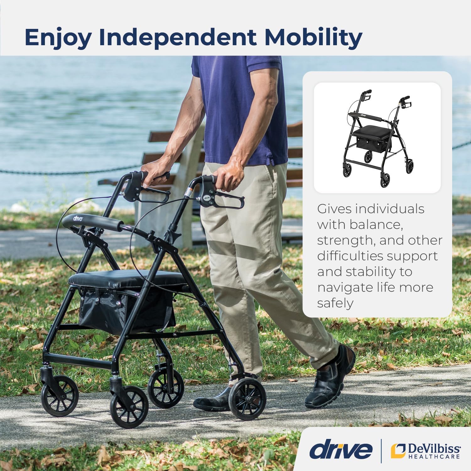 rollator 4 wheel with pouch padded seat black drive