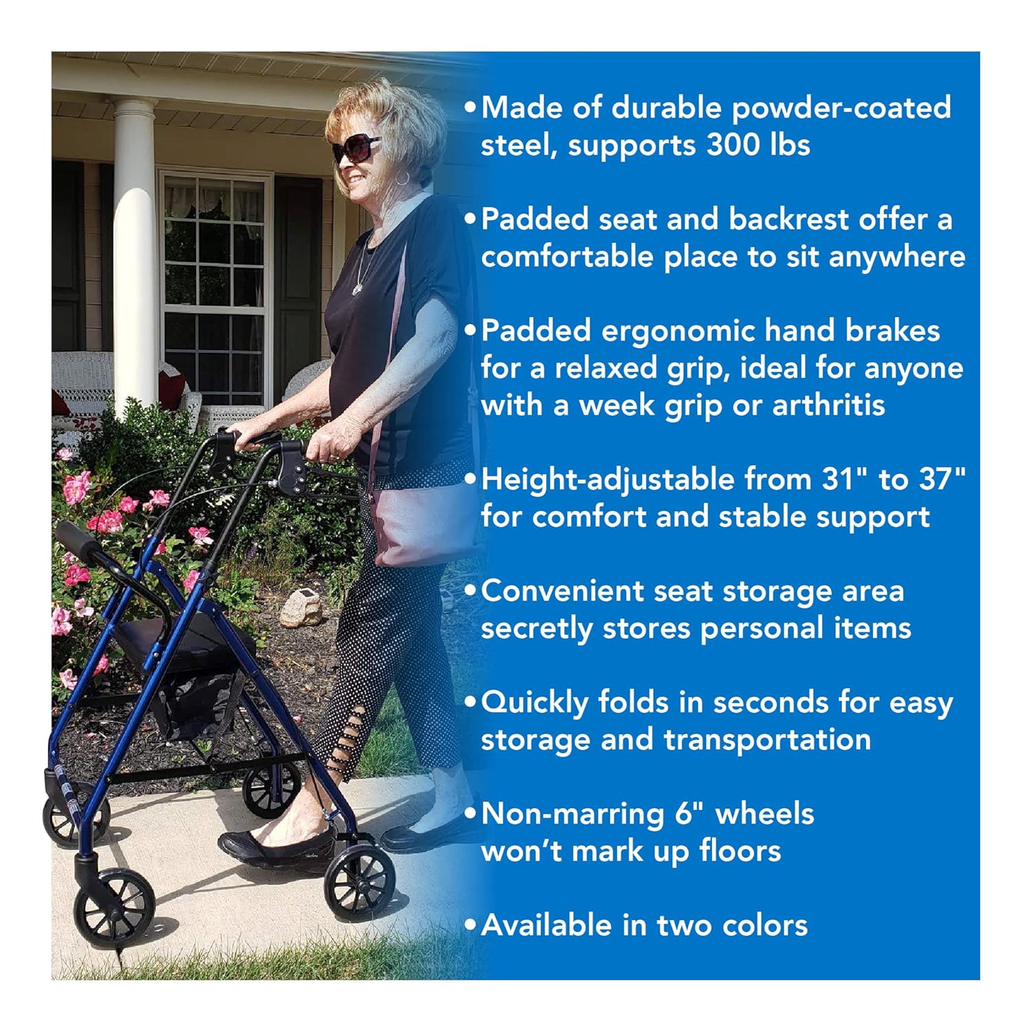 rollator steel 6 wheels blue 300 lb weight cap