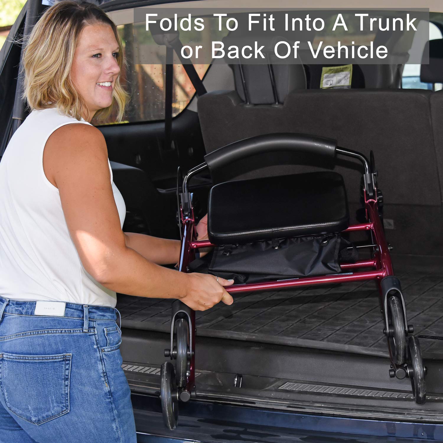 rollator steel 6 wheels burgundy 300 lb weight cap