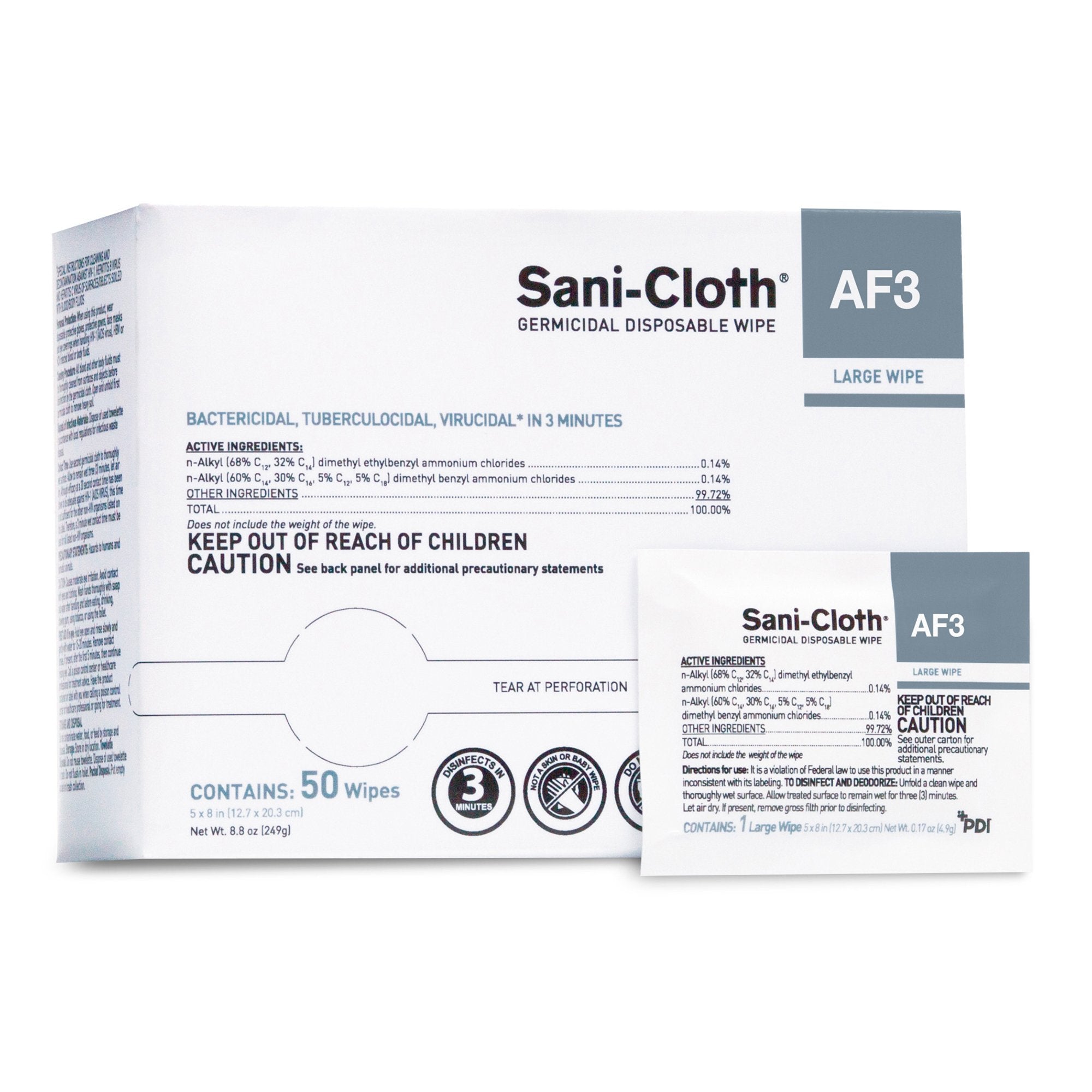 Sani Cloth AF3 Surface Disinfectant Cleaner Premoistened Germicidal Manual Pull Wipe 50 Count Individual Packet Unscented NonSterile