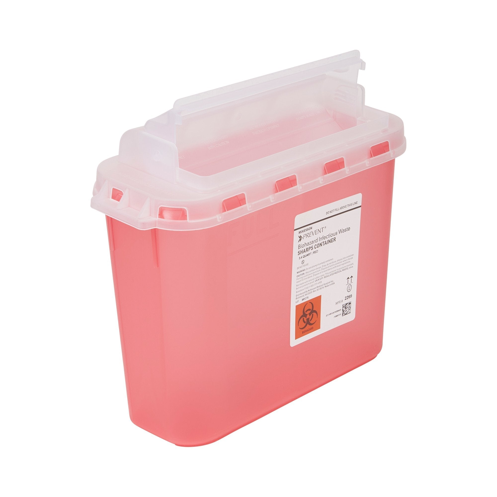 sharps container mckesson prevent red base 11 h x 12 w x 4 3 4 d inch horizontal entry 1 35 gallon packaging type each
