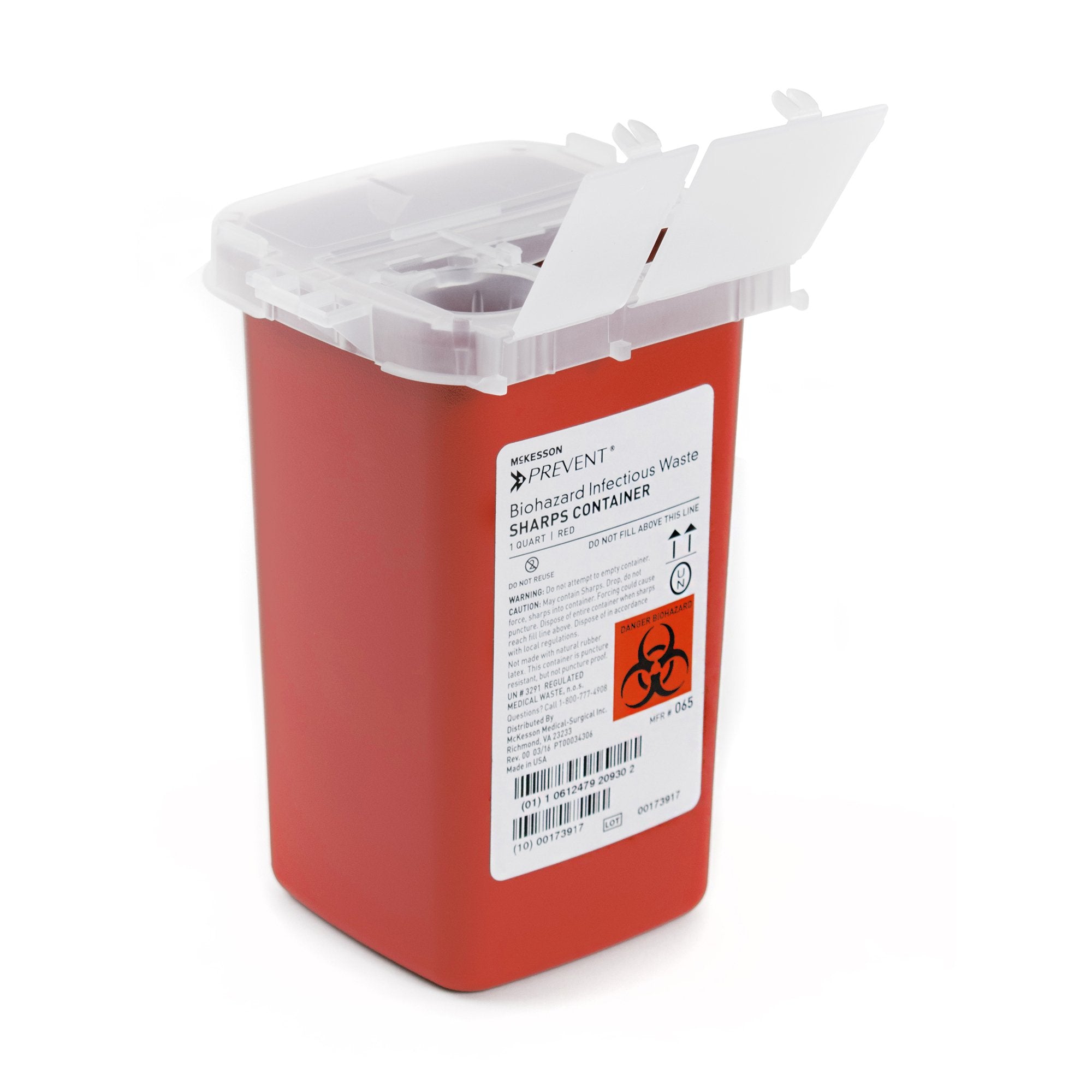 Sharps Container McKesson Prevent Red Base 6 1/4 H X 4 1/4 W X 4 1/4 D Inch Vertical Entry 0.25 Gallon