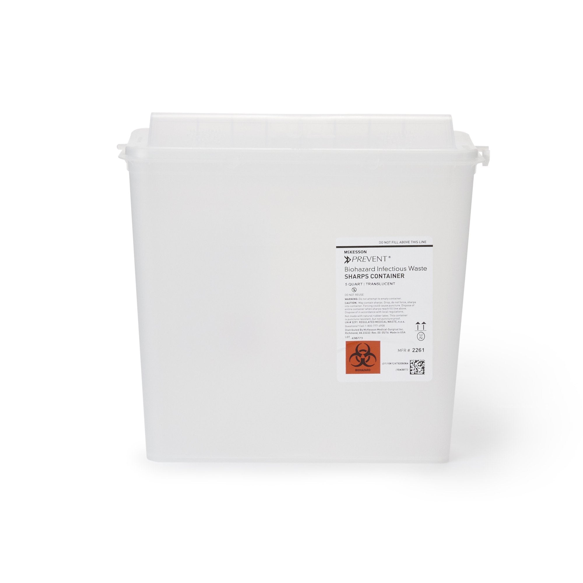 Sharps Container McKesson Prevent Translucent Base 10 3/4 H X 10 1/2 W X 4 3/4 D Inch Horizontal Entry 1.25 Gallon