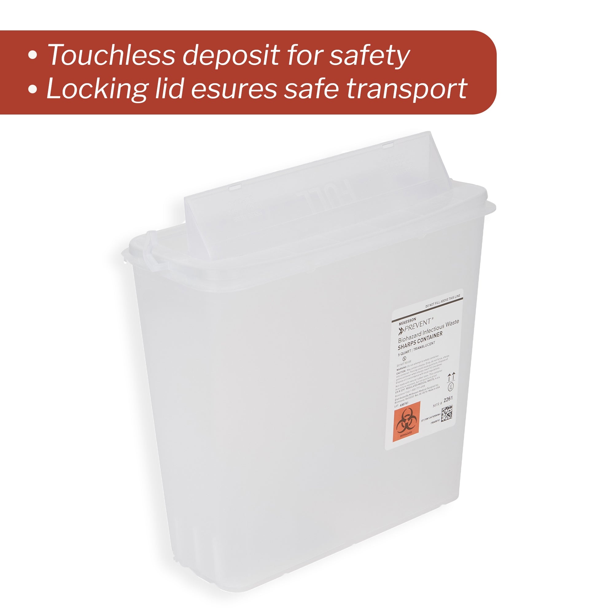 sharps container mckesson prevent translucent base 10 3 4 h x 10 1 2 w x 4 3 4 d inch horizontal entry 1 25 gallon packaging type each