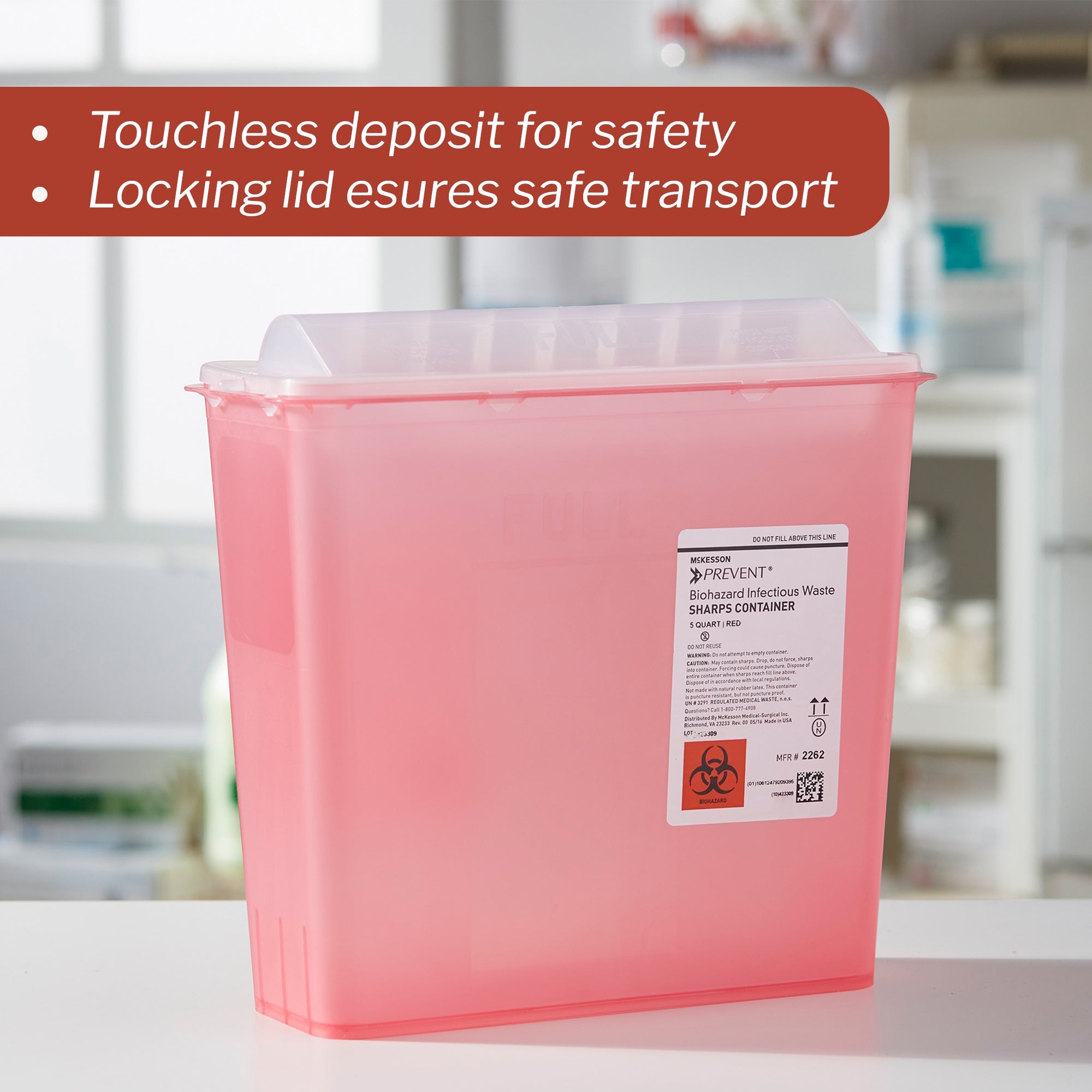 sharps container mckesson prevent translucent red base 10 3 4 h x 10 1 2 w x 4 3 4 d inch horizontal entry 1 25 gallon packaging type each
