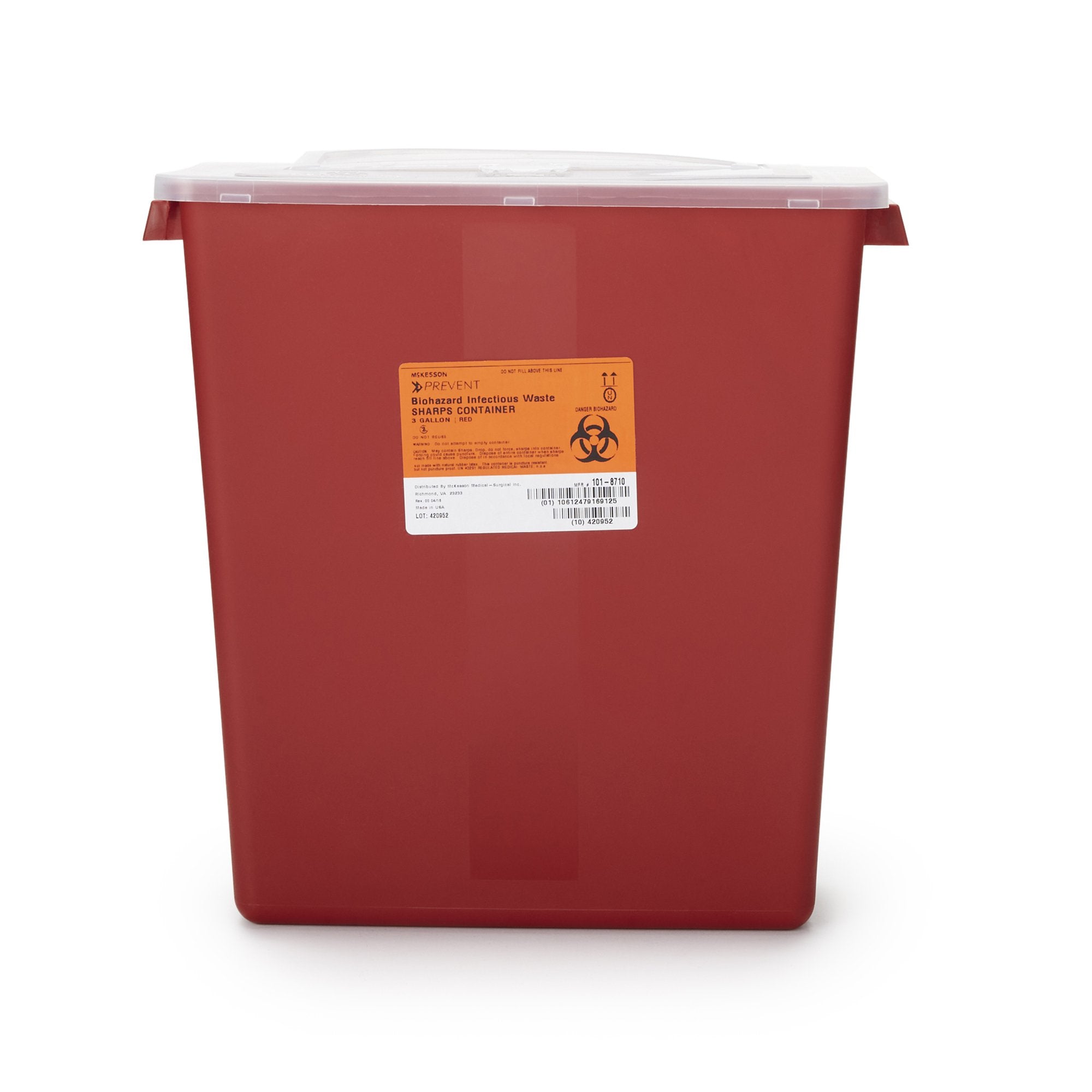 Sharps Container McKesson Red Base 13 1/2 H X 12 1/2 W X 6 D Inch Horizontal Entry 3 Gallon