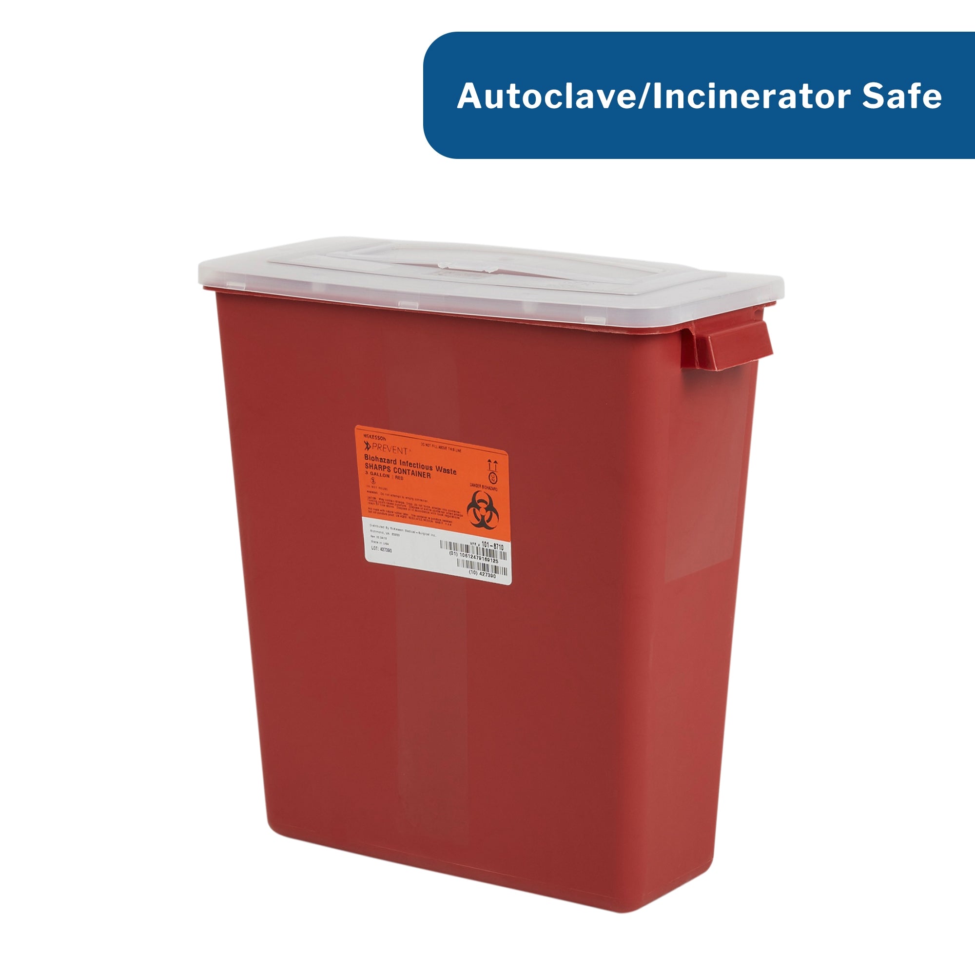 sharps container mckesson red base 13 1 2 h x 12 1 2 w x 6 d inch horizontal entry 3 gallon packaging type each