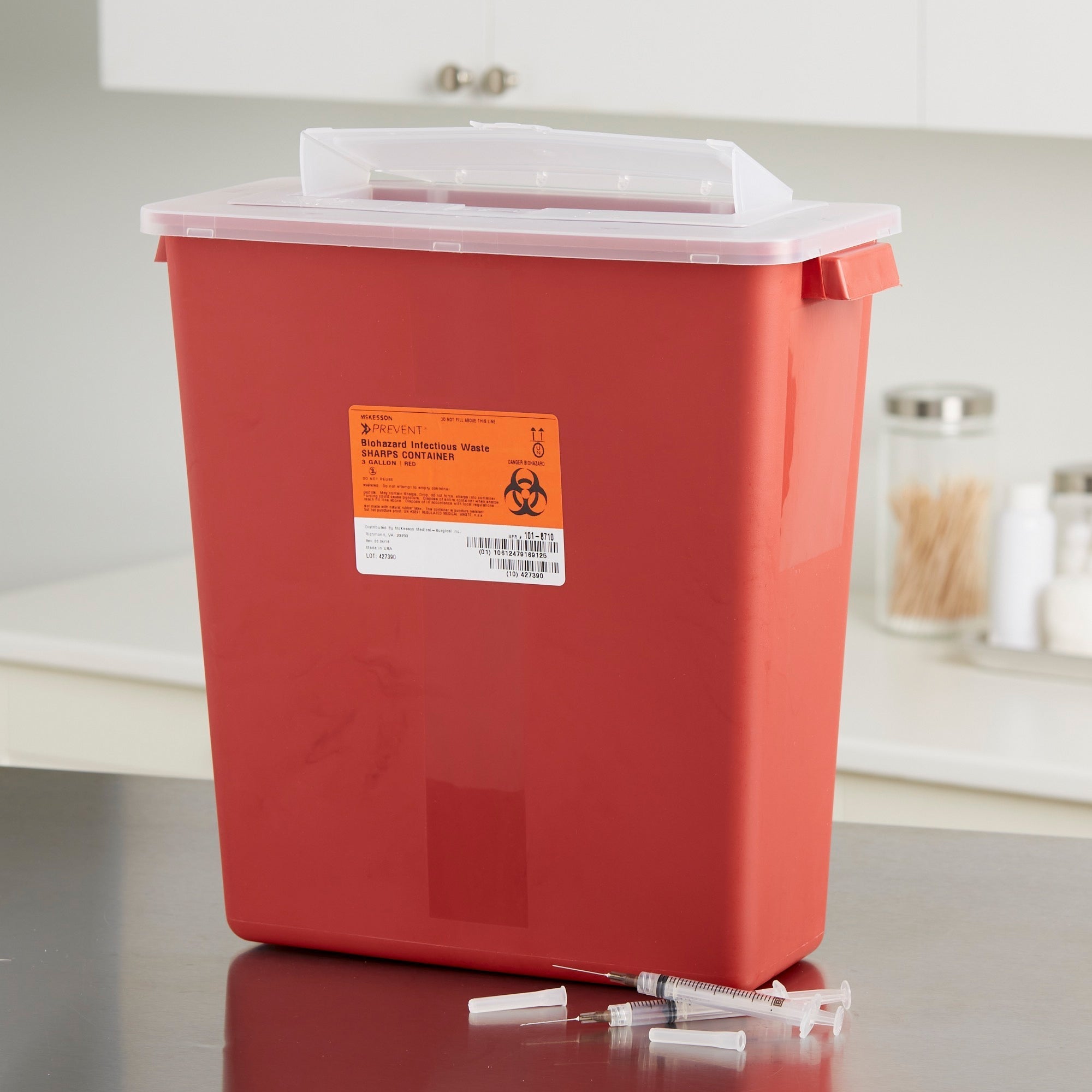 sharps container mckesson red base 13 1 2 h x 12 1 2 w x 6 d inch horizontal entry 3 gallon packaging type each