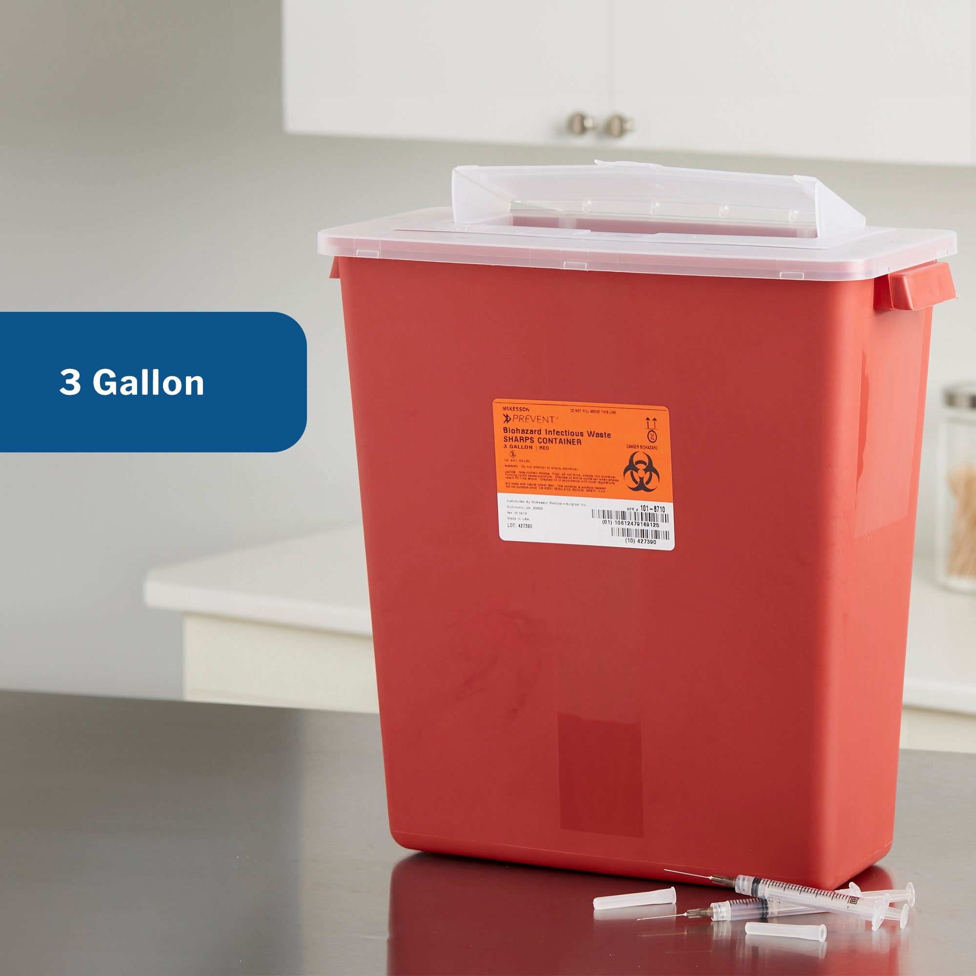 sharps container mckesson red base 13 1 2 h x 12 1 2 w x 6 d inch horizontal entry 3 gallon packaging type each