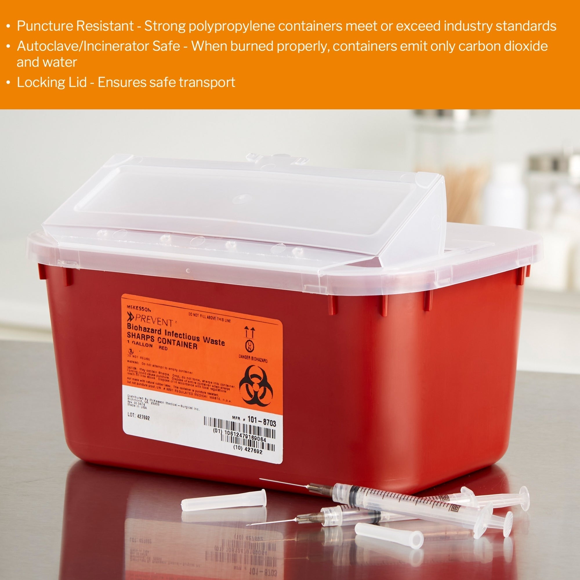 sharps container mckesson red base 5 h x 10 w x 7 d inch horizontal entry 1 gallon packaging type each