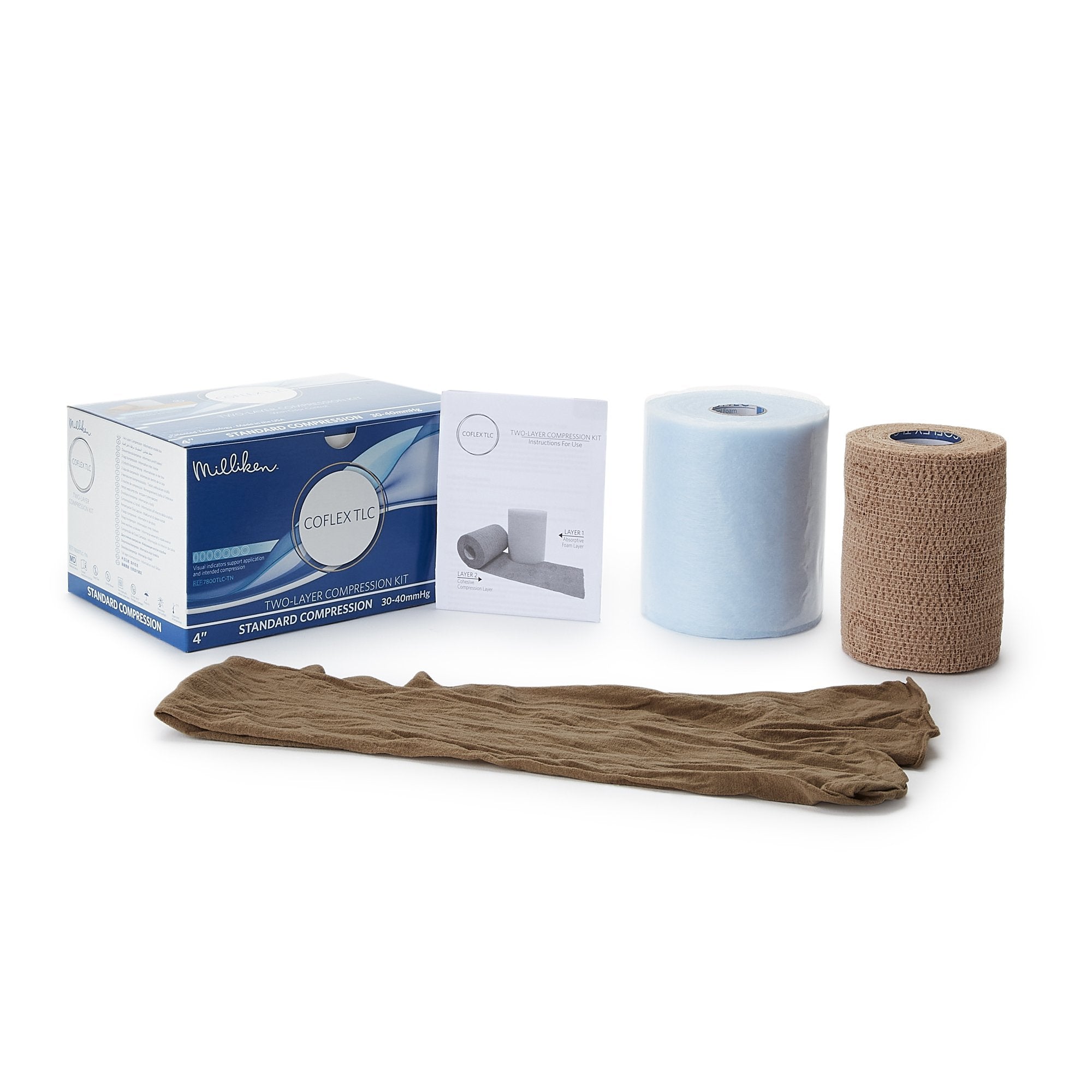 2 Layer Compression Bandage System CoFlex TLC with Indicators 4 Inch X 3 2/5 Yard / 4 Inch X 5 1/10 Yard Self Adherent / Pull On Closure Tan NonSterile 35 to 40 mmHg
