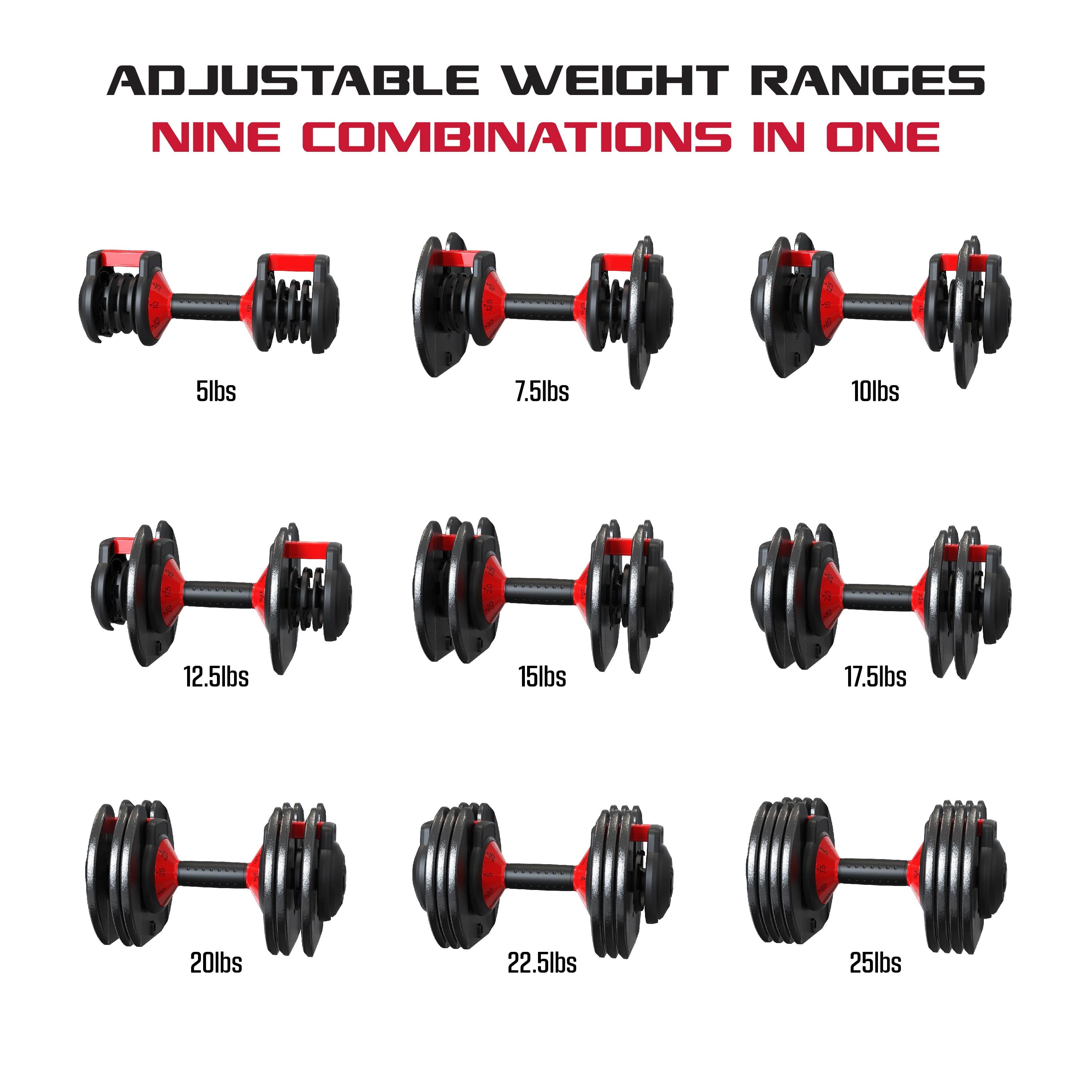 Smartbell, 25Lbs. Quick Select 9 in 1 Adjustable Dumbbell for Home Gym, 5 25Lbs. Weight in 2.5Lbs Increments