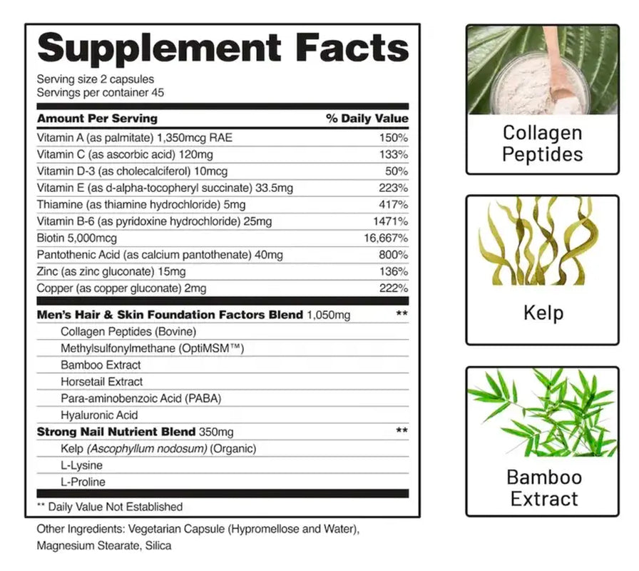 Snap Supplements   Hairtonic for Him 90Ct   30 Servings   Natural Supplement Capsules