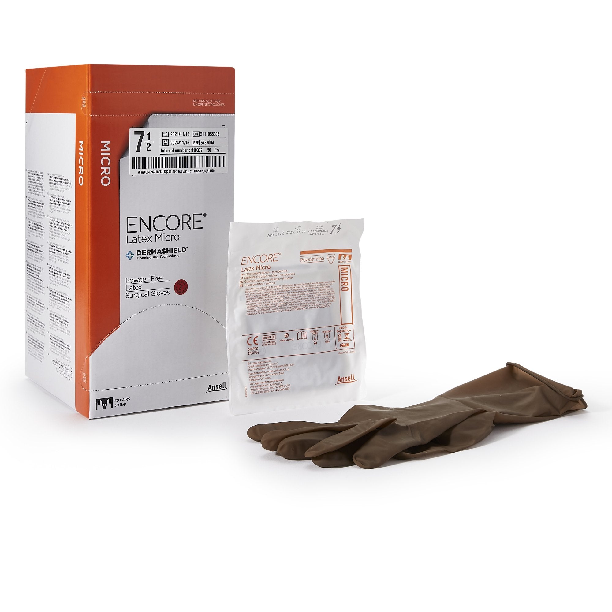 Surgical Glove ENCORE Latex Micro Size 7.5 Sterile Latex Standard Cuff Length Micro Textured Brown Chemo Tested