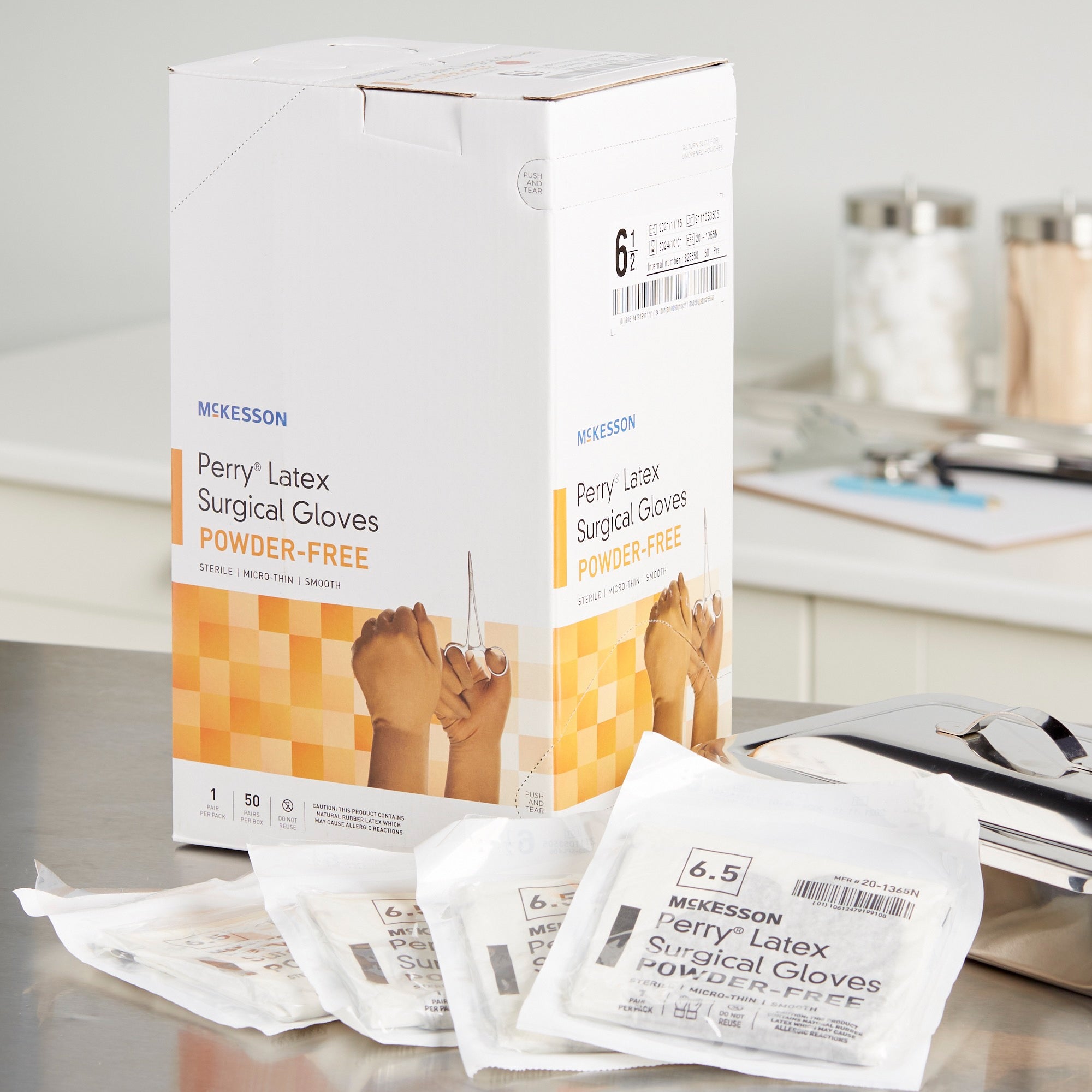 surgical glove mckesson perry size 6 5 sterile latex standard cuff length smooth brown not chemo approved packaging type box