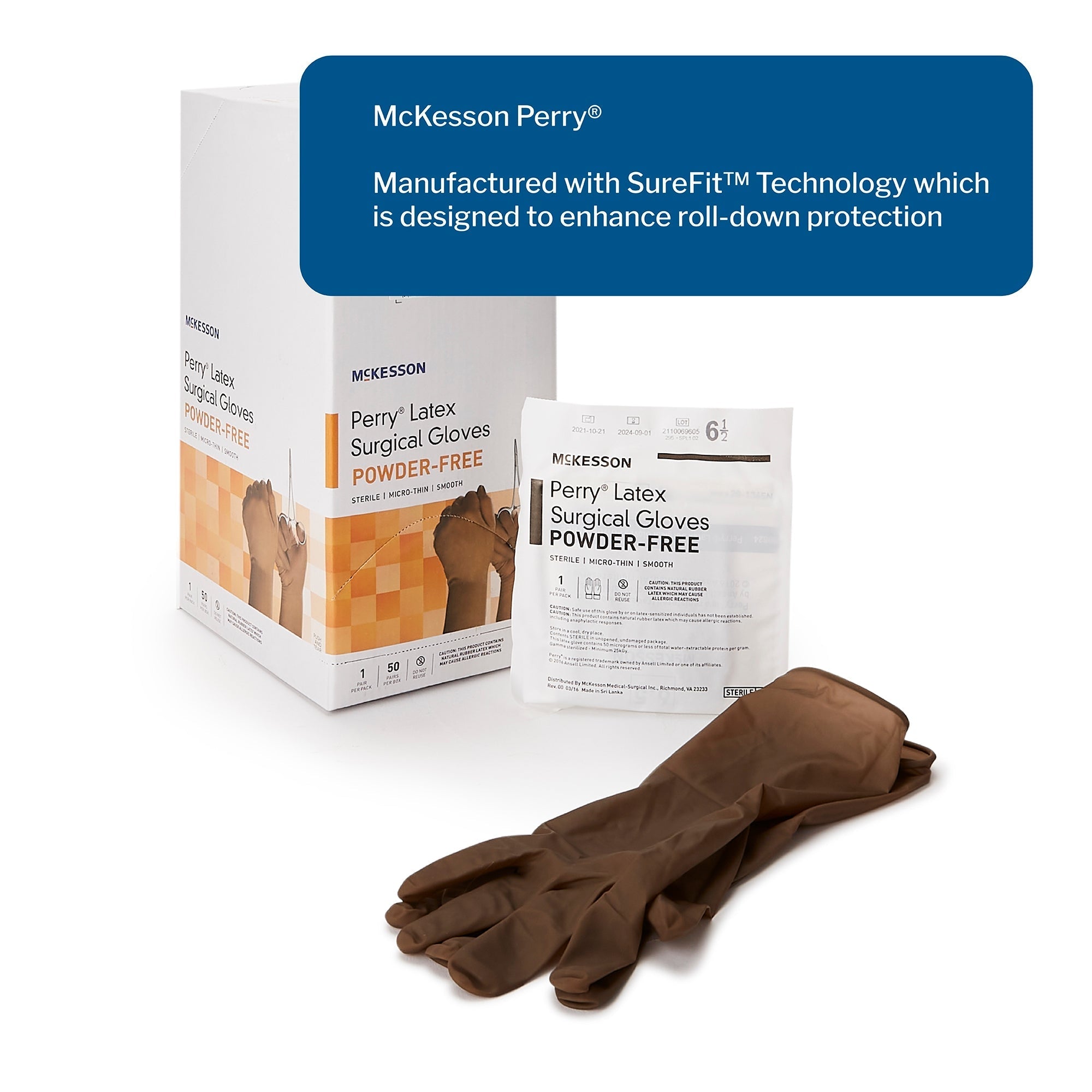 surgical glove mckesson perry size 6 5 sterile latex standard cuff length smooth brown not chemo approved packaging type box