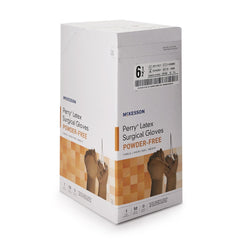 surgical glove mckesson perry size 6 5 sterile latex standard cuff length smooth brown not chemo approved packaging type box