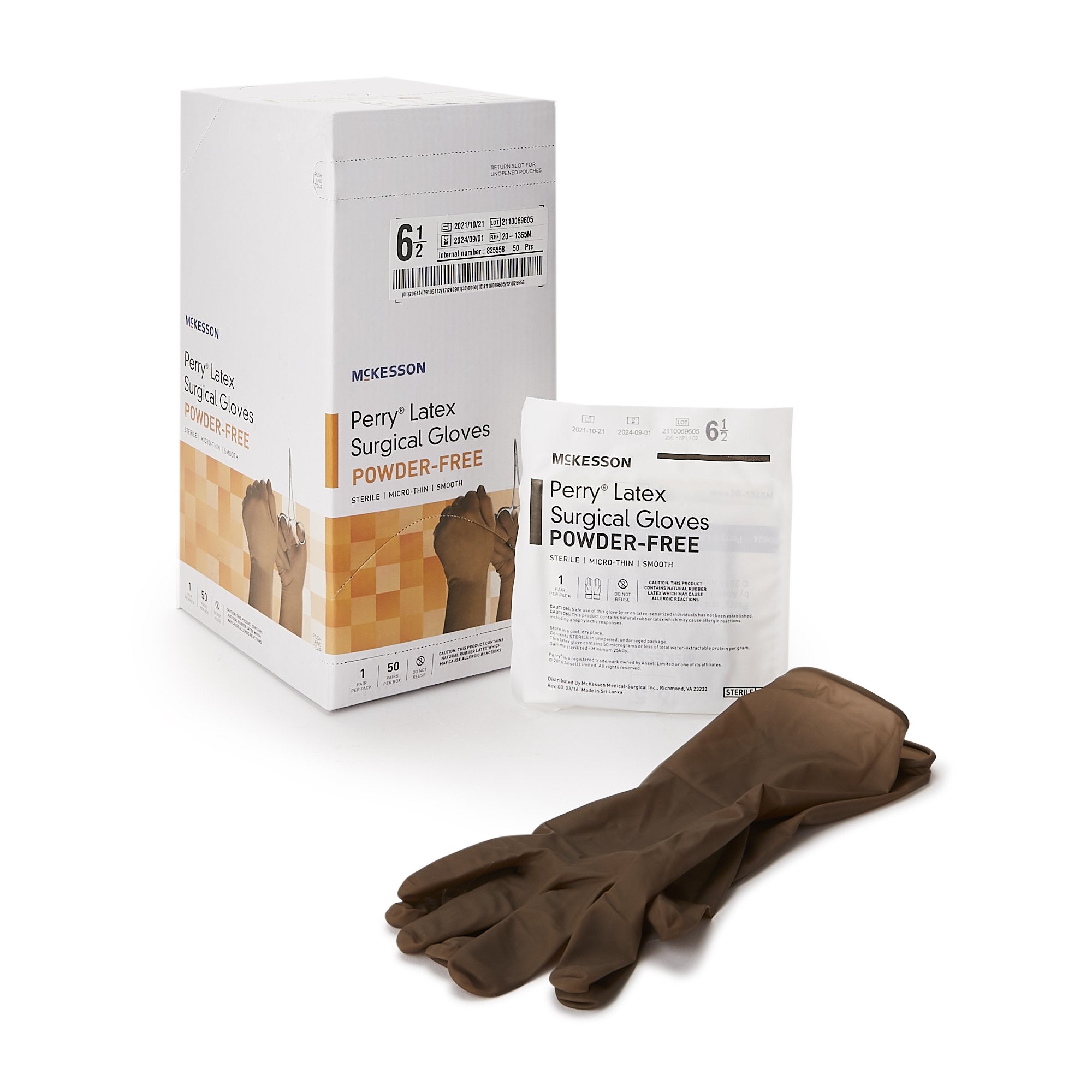 Surgical Glove McKesson Perry Size 6.5 Sterile Latex Standard Cuff Length Smooth Brown Not Chemo Approved