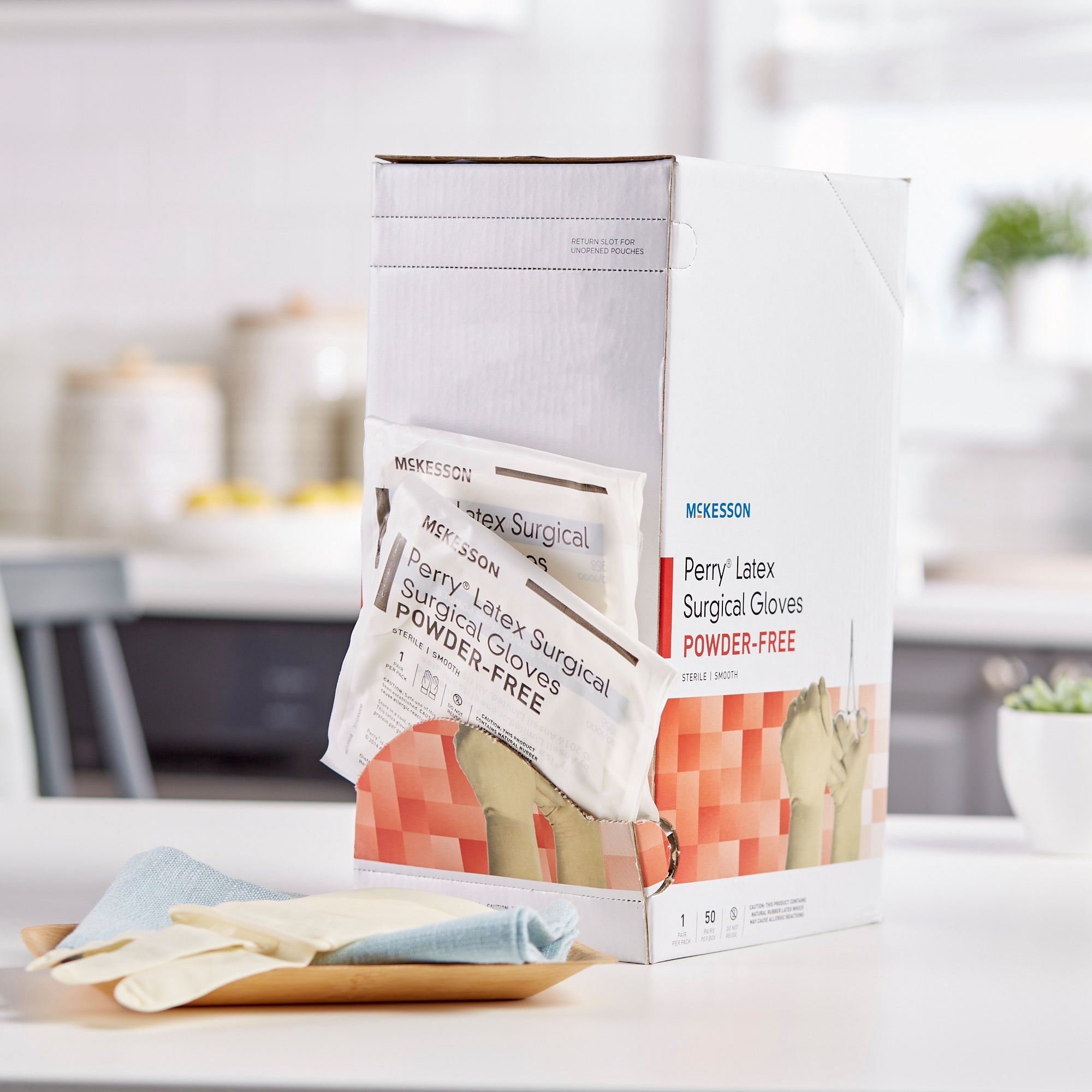 surgical glove mckesson perry size 6 5 sterile latex standard cuff length smooth cream not chemo approved packaging type box