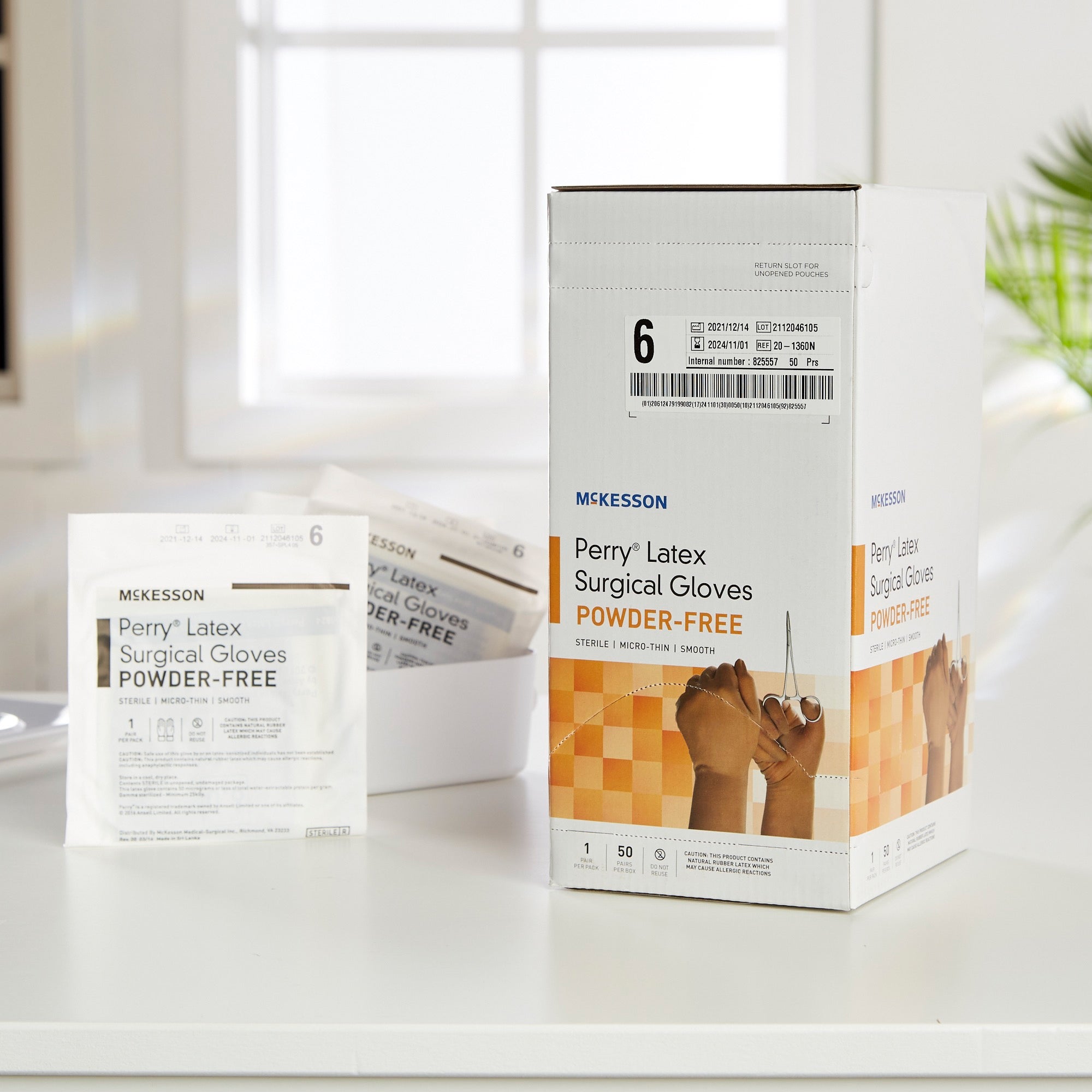 surgical glove mckesson perry size 6 sterile latex standard cuff length smooth brown not chemo approved packaging type box