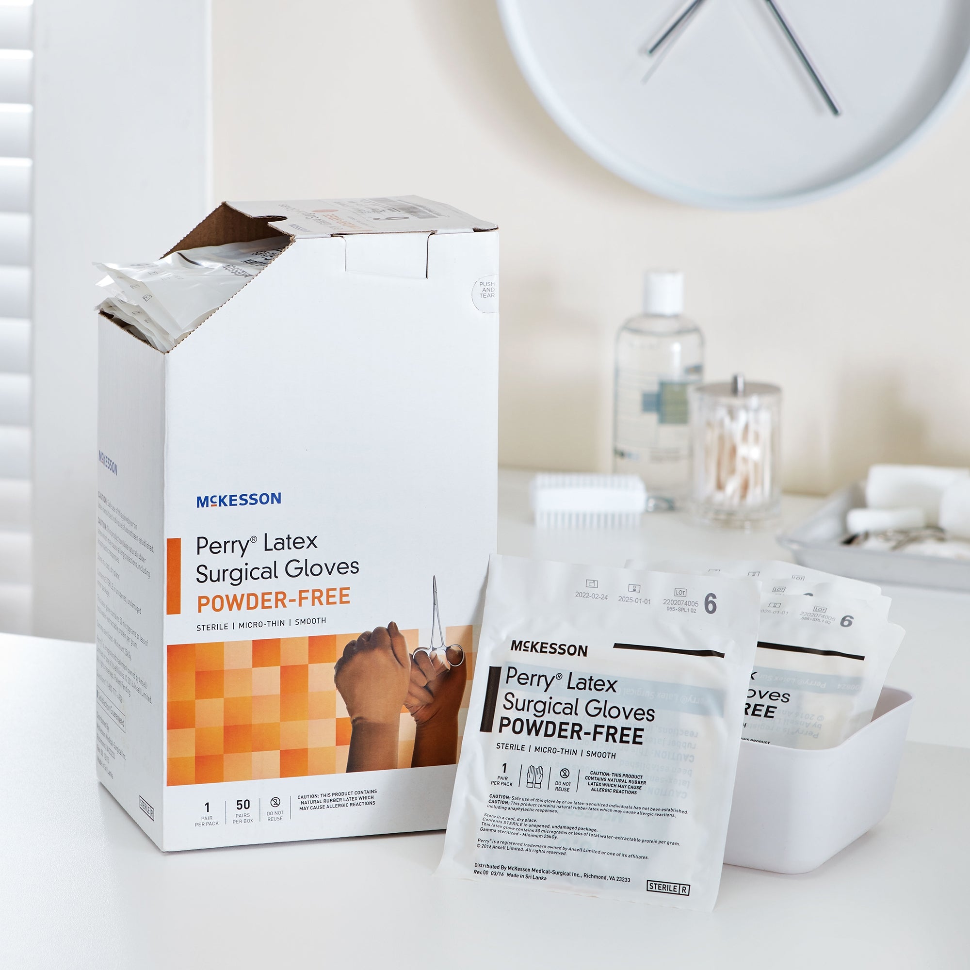 surgical glove mckesson perry size 6 sterile latex standard cuff length smooth brown not chemo approved packaging type box