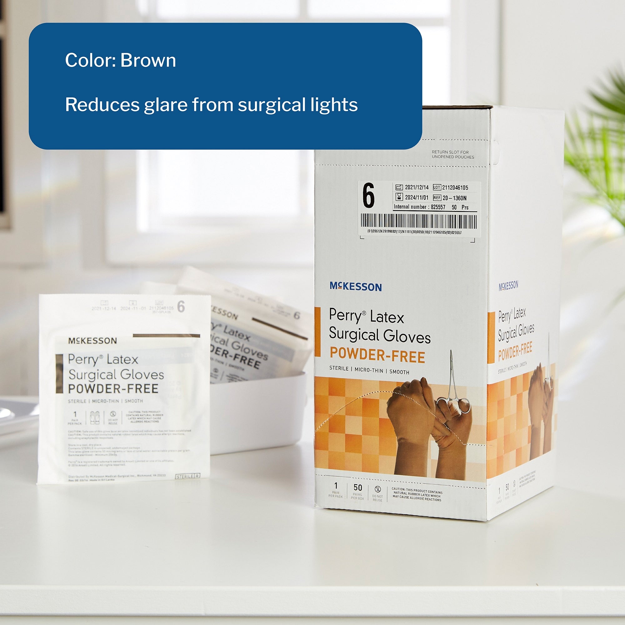 surgical glove mckesson perry size 6 sterile latex standard cuff length smooth brown not chemo approved packaging type box