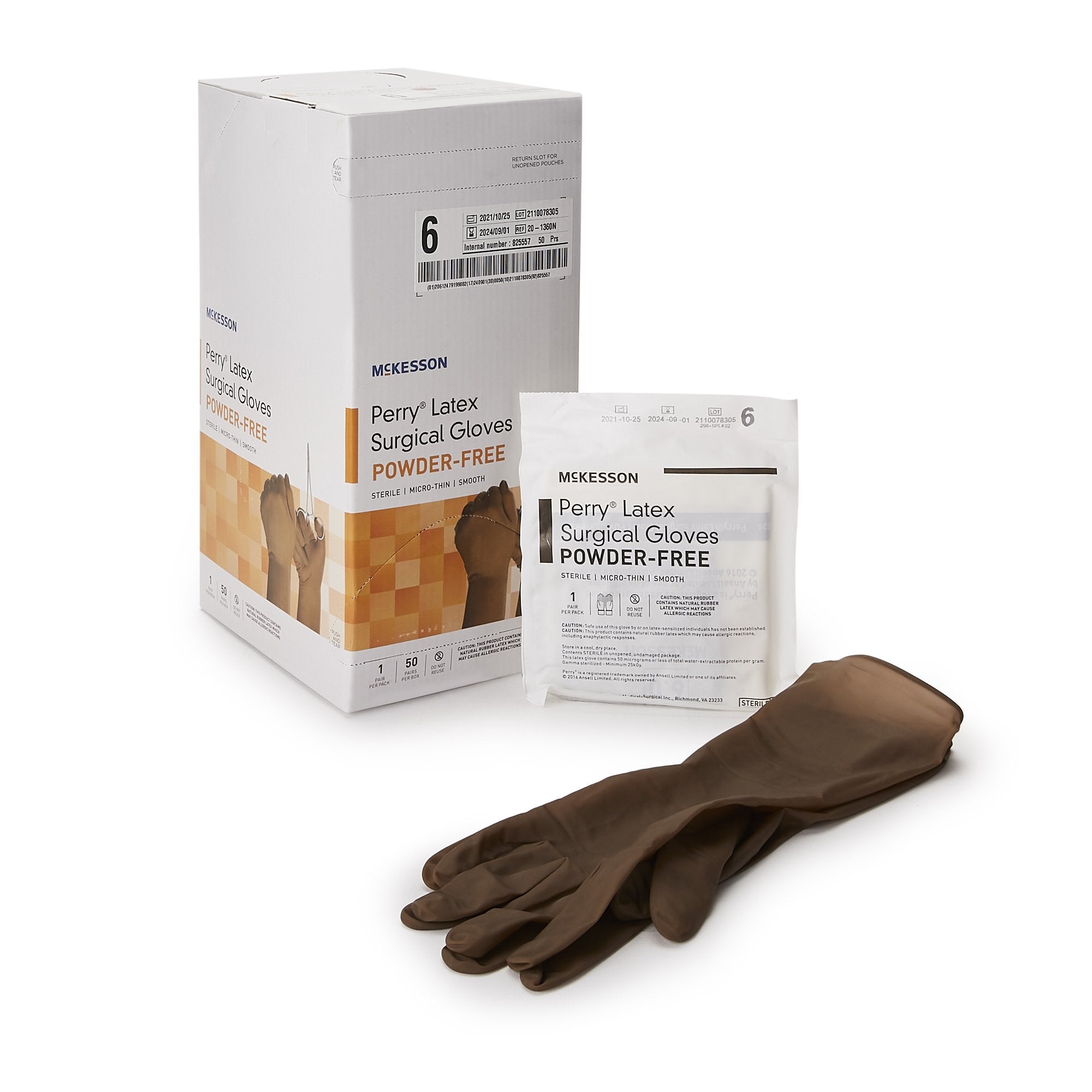 Surgical Glove McKesson Perry Size 6 Sterile Latex Standard Cuff Length Smooth Brown Not Chemo Approved