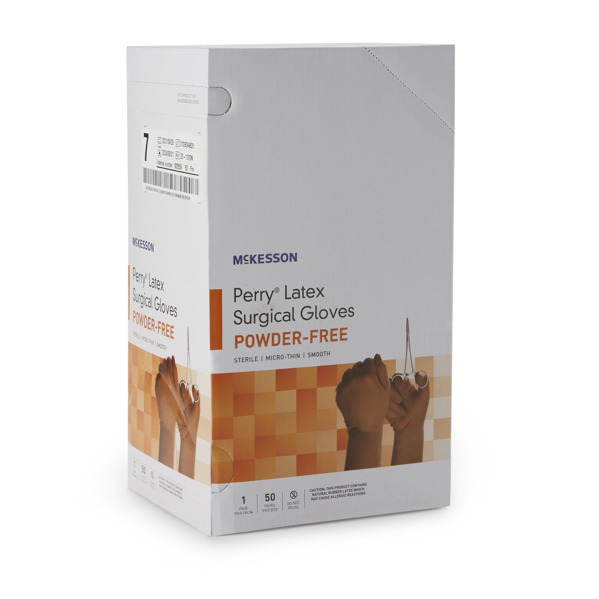 surgical glove mckesson perry size 7 sterile latex standard cuff length smooth brown not chemo approved packaging type box