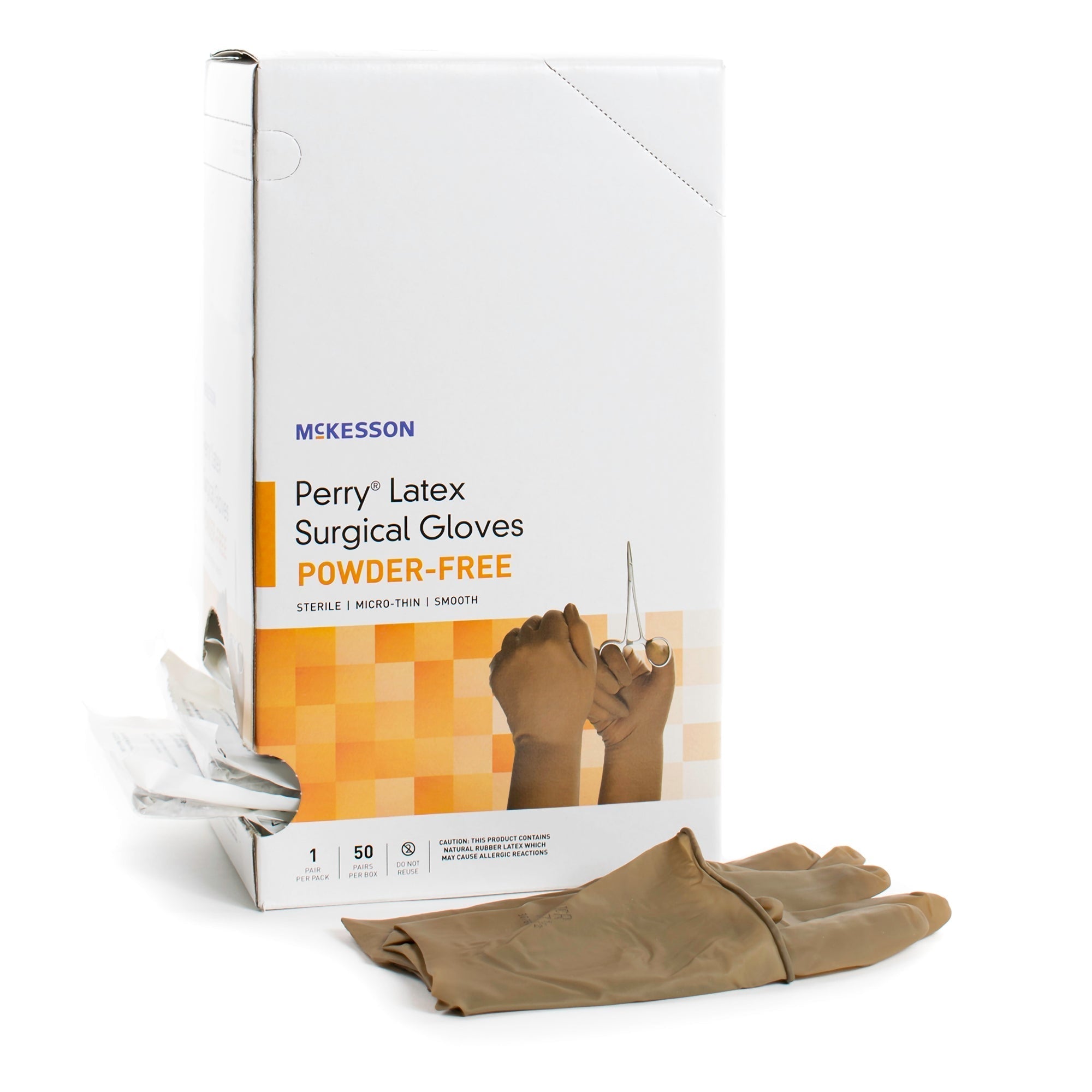 surgical glove mckesson perry size 8 5 sterile latex standard cuff length smooth brown not chemo approved packaging type box