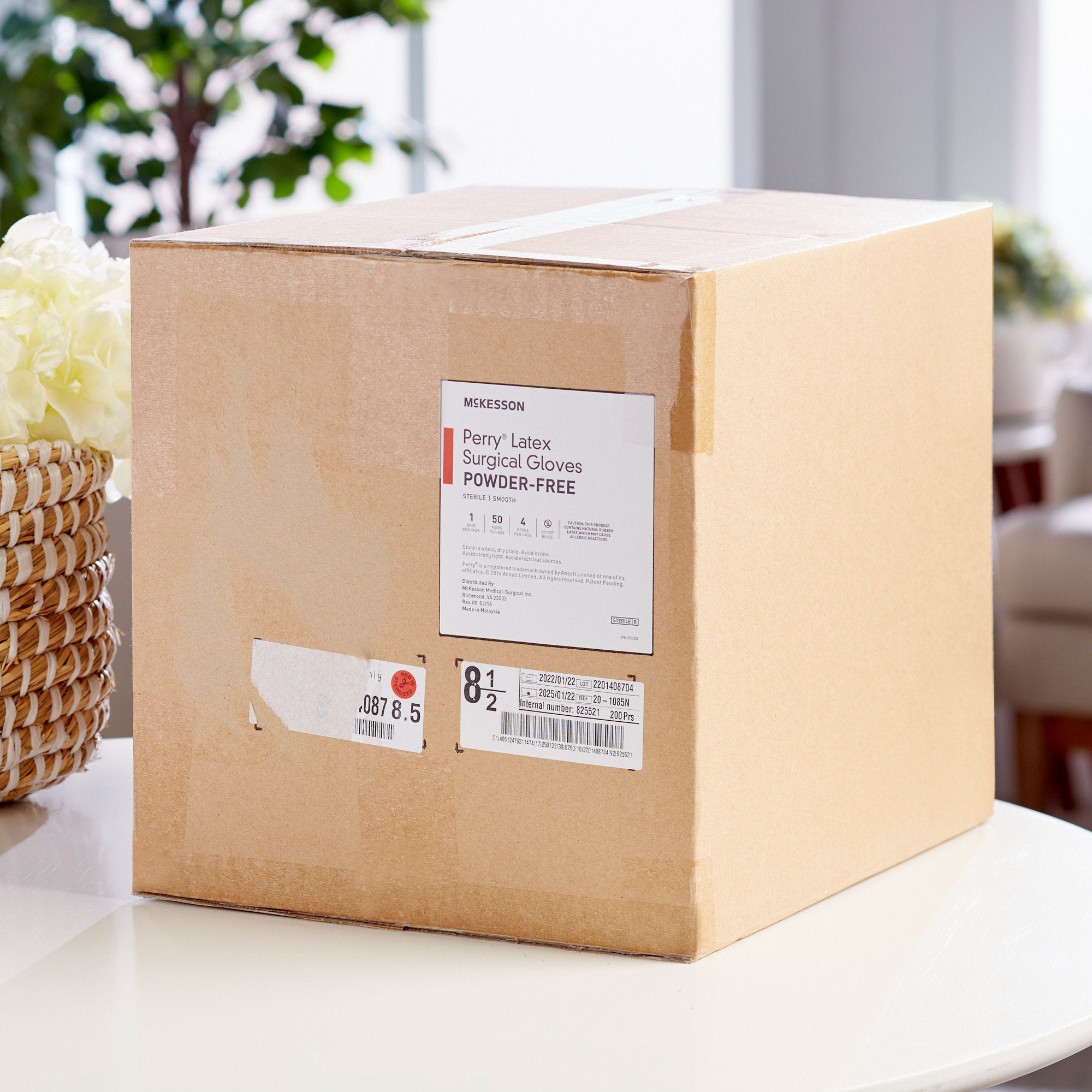 surgical glove mckesson perry size 8 5 sterile latex standard cuff length smooth cream not chemo approved packaging type box