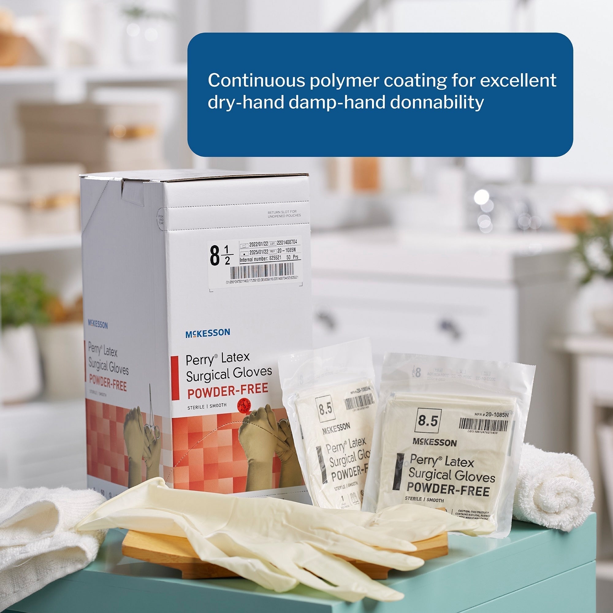 surgical glove mckesson perry size 8 5 sterile latex standard cuff length smooth cream not chemo approved packaging type pair