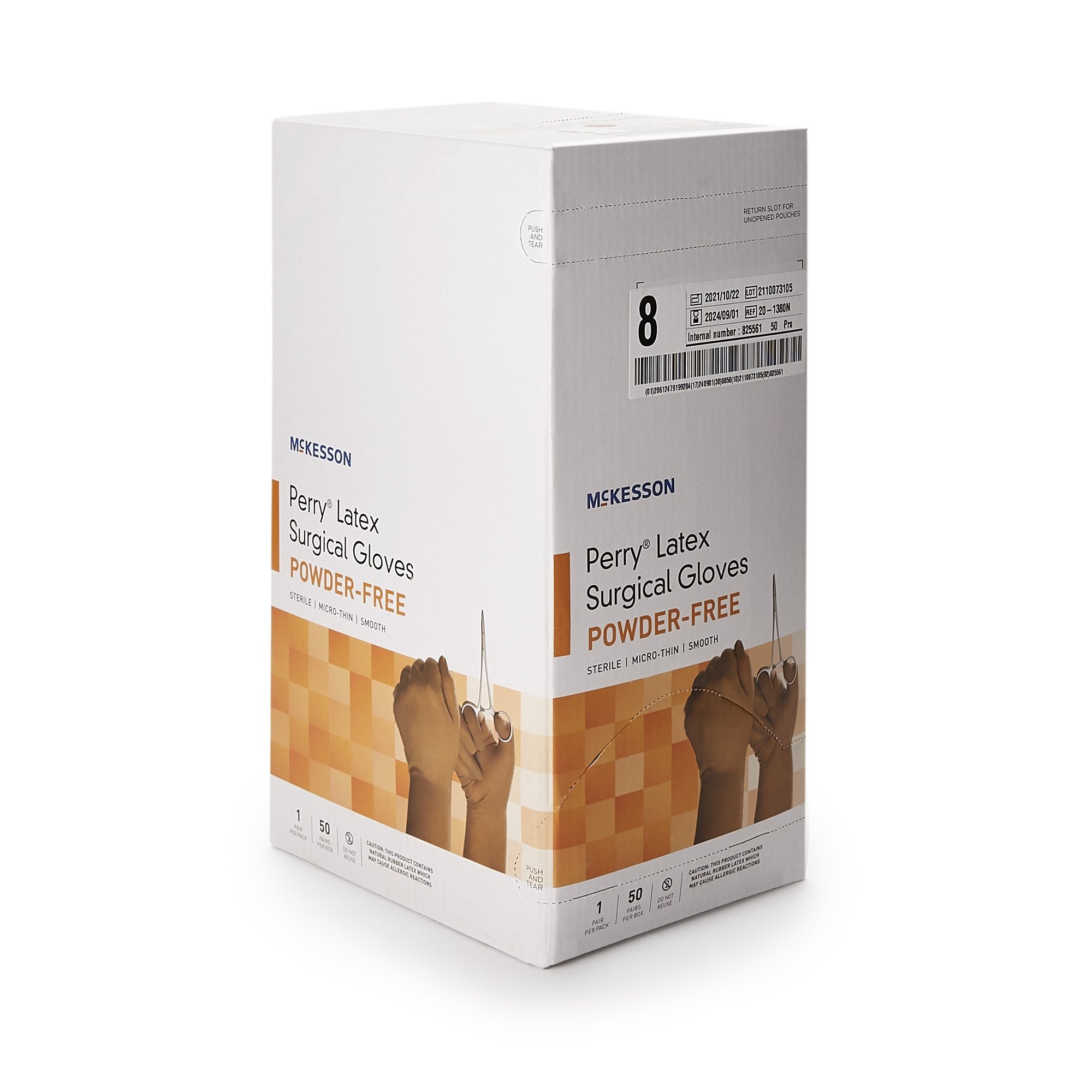 surgical glove mckesson perry size 8 sterile latex standard cuff length smooth brown not chemo approved packaging type box