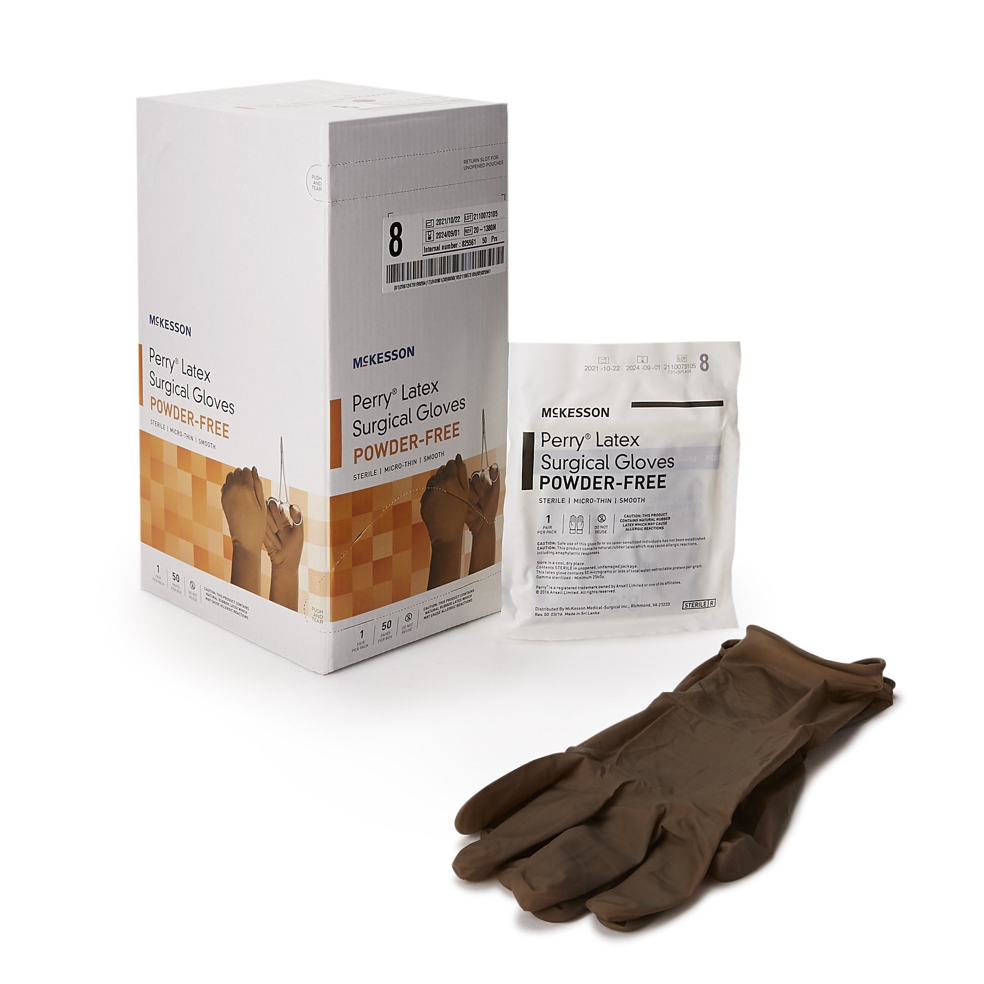 Surgical Glove McKesson Perry Size 8 Sterile Latex Standard Cuff Length Smooth Brown Not Chemo Approved