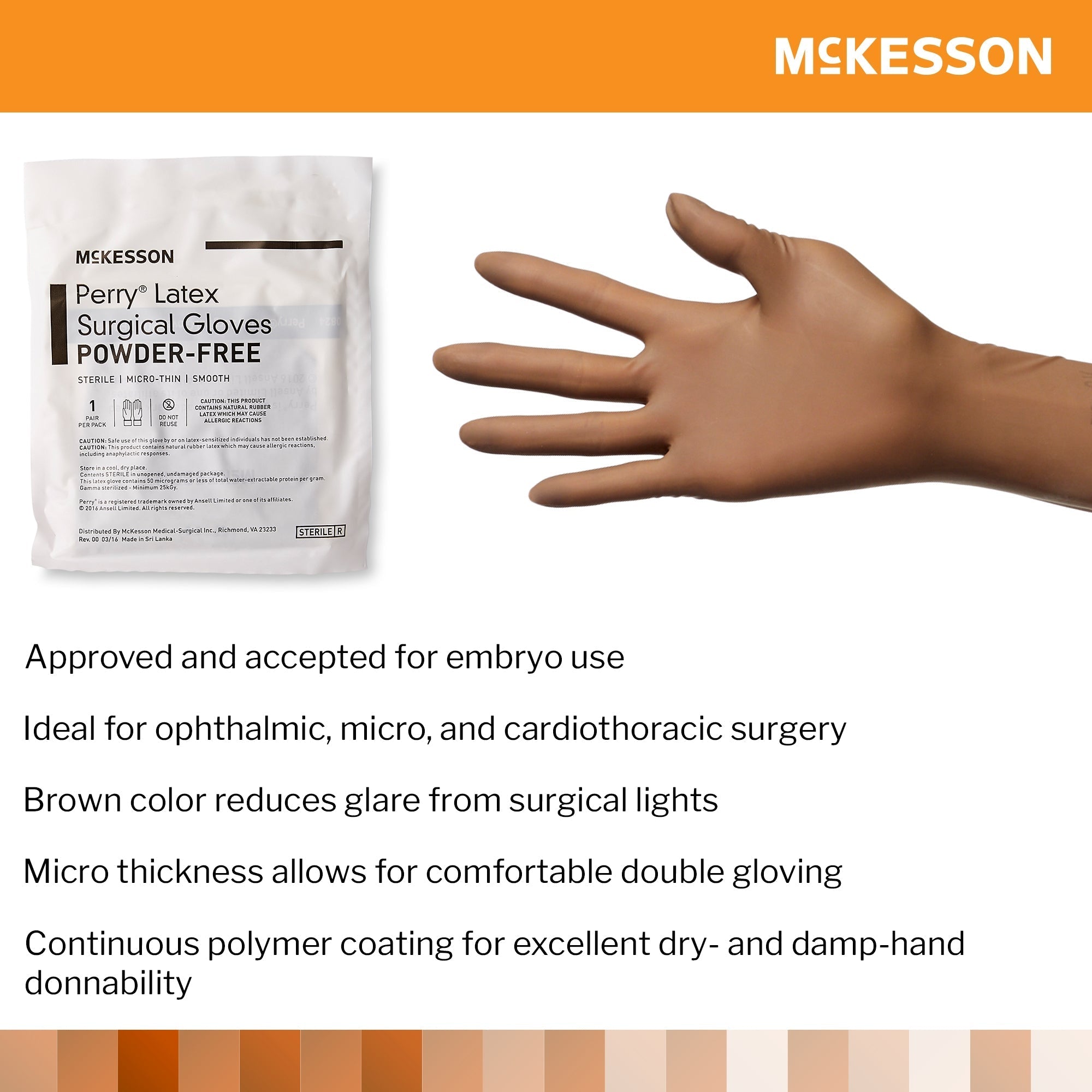 surgical glove mckesson perry size 9 sterile latex standard cuff length smooth brown not chemo approved packaging type box