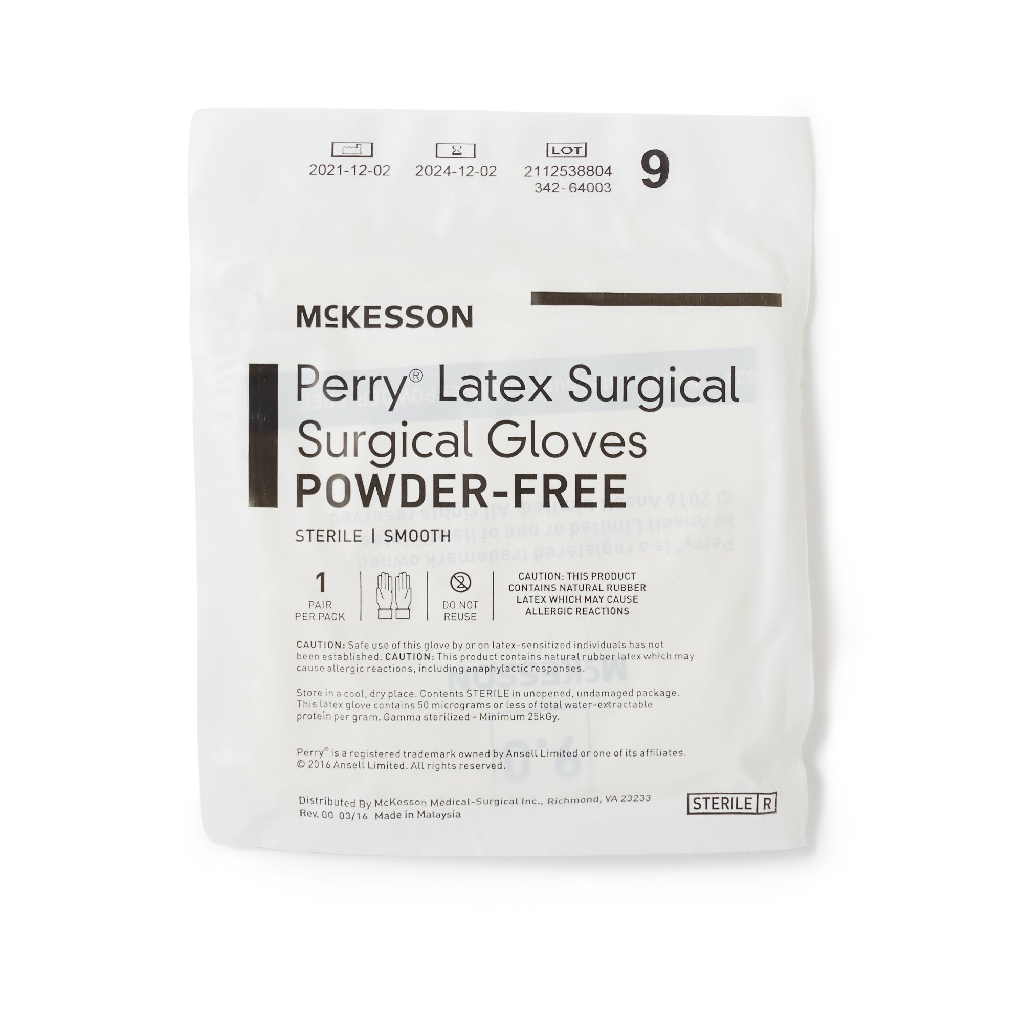 surgical glove mckesson perry size 9 sterile latex standard cuff length smooth cream not chemo approved packaging type box