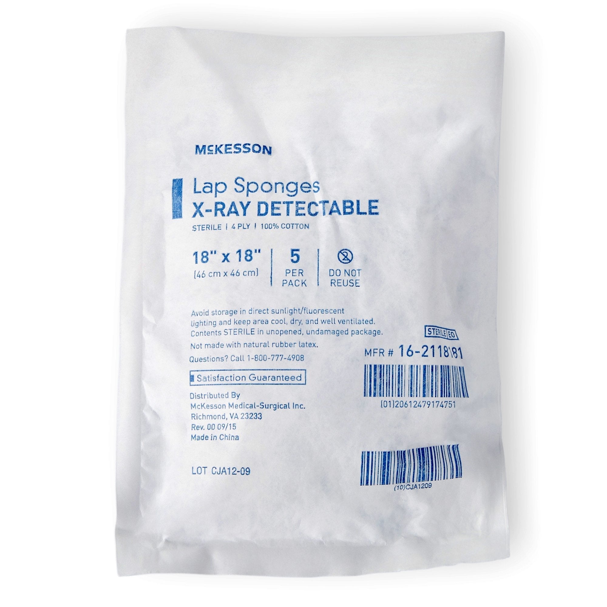 Surgical Laparotomy Sponge McKesson X Ray Detectable Cotton 18 X 18 Inch 5 Count Soft Pack Sterile