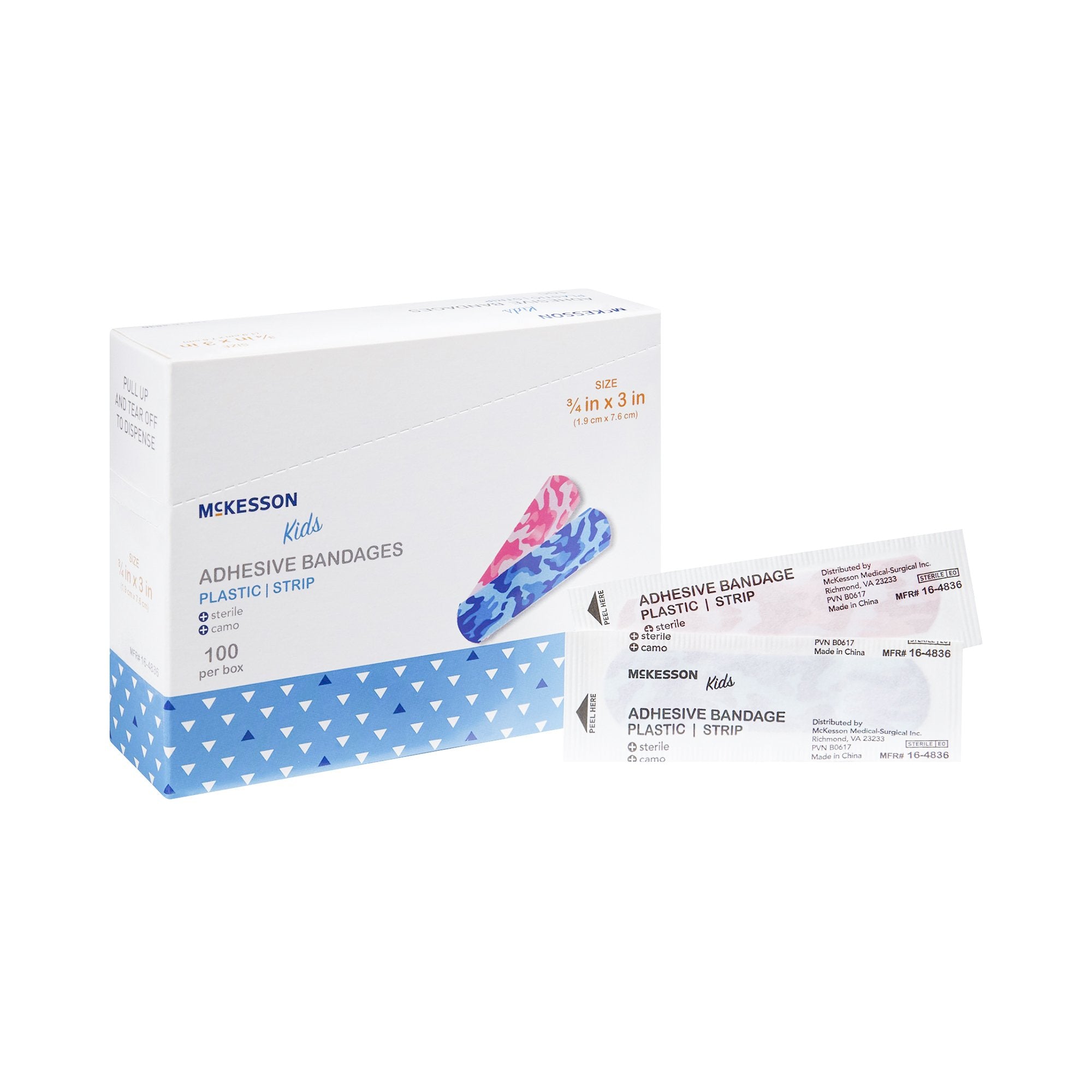 Adhesive Strip McKesson Kids 3/4 X 3 Inch Plastic Rectangle Kid Design (Blue / Pink Camo) Sterile