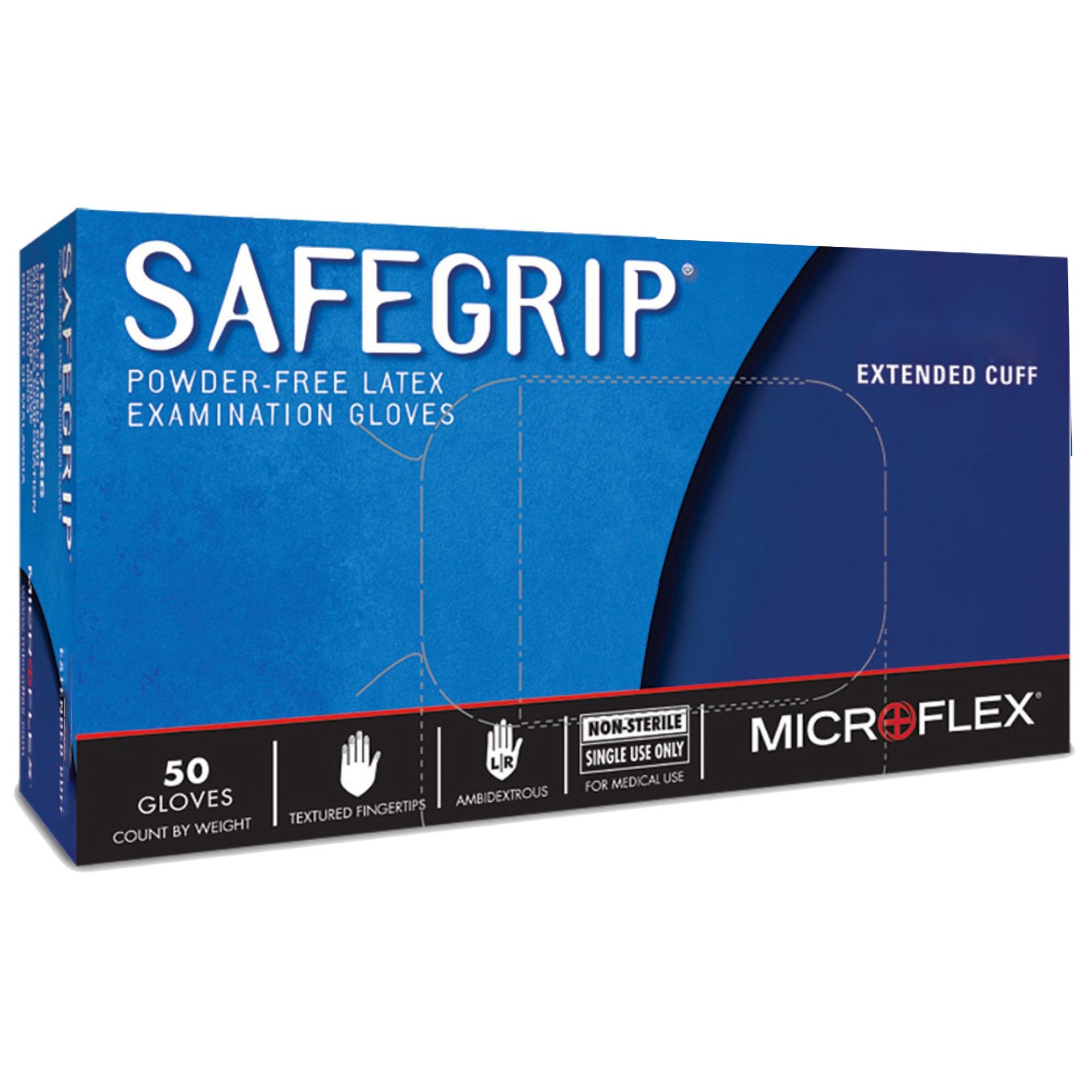 Guante de examen SafeGrip mediano, no estéril, de látex, con puños extendidos y puntas de los dedos texturizadas, color azul, probado para quimioterapia.