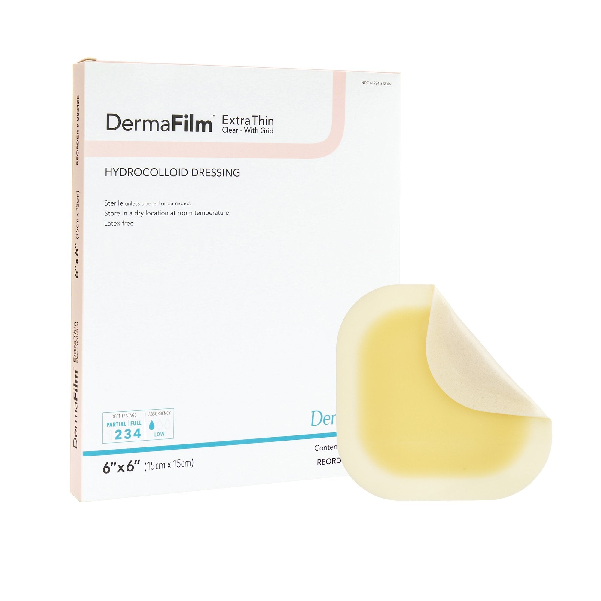 Thin Hydrocolloid Dressing DermaFilm Film Backing 6 X 6 Inch Square Hydrocolloid / Film