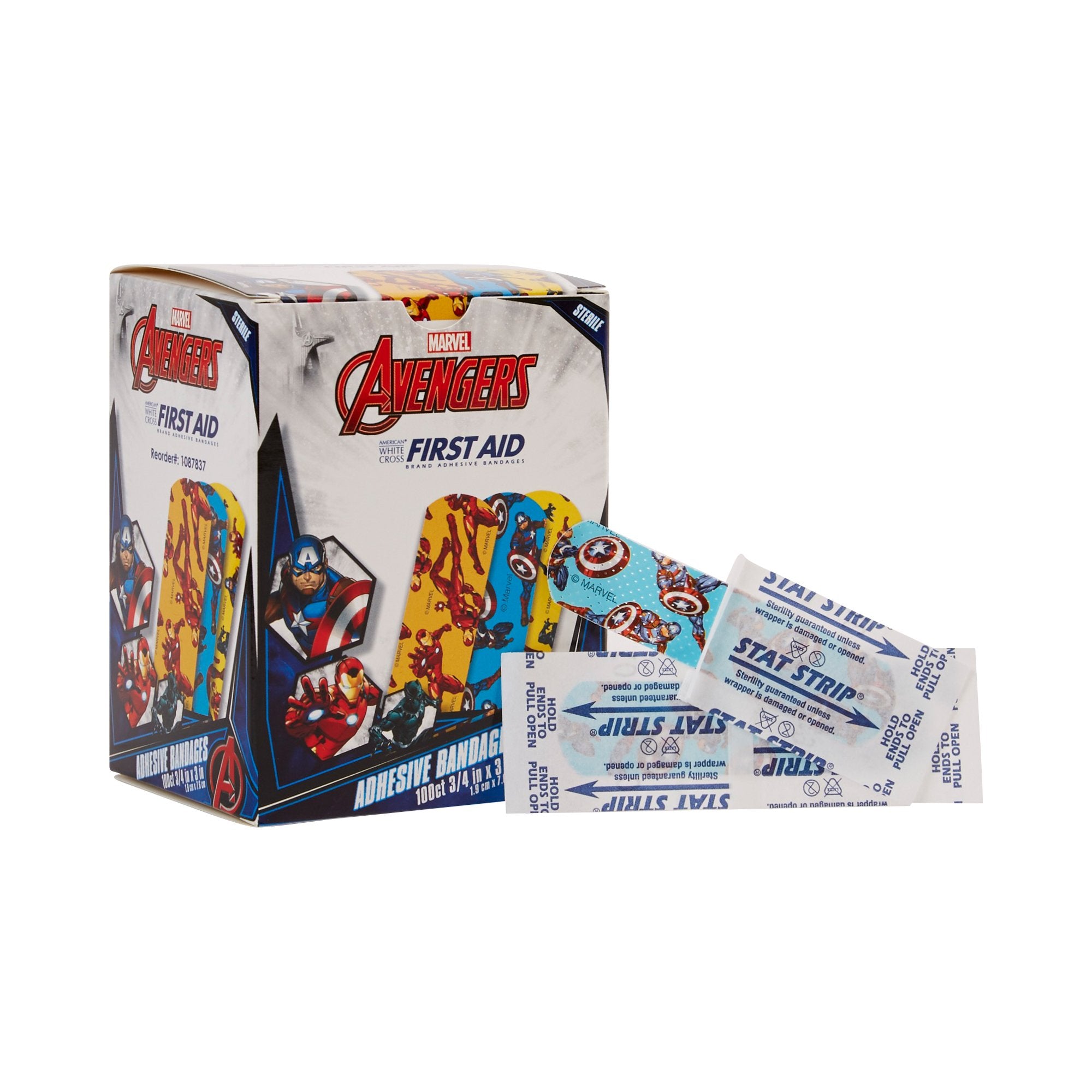 Adhesive Strip American White Cross Stat Strip 3/4 X 3 Inch Plastic Rectangle Kid Design (Black Panther / Captain America / Iron Man) Sterile