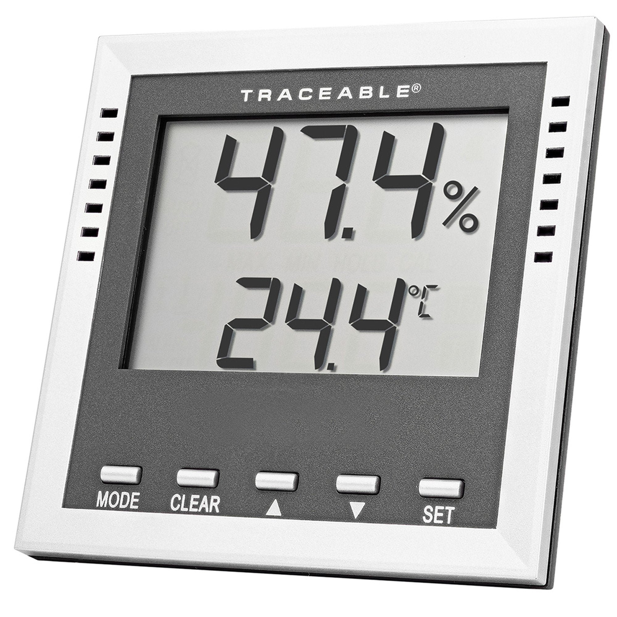 Dew Point / Wet Bulb / Humidity / Thermometer with Alarm Traceable Fahrenheit / Celsius 40° to 158°F ( 40° to 70°C) Internal Sensor Flip out Stand / Wall Mount Battery Operated