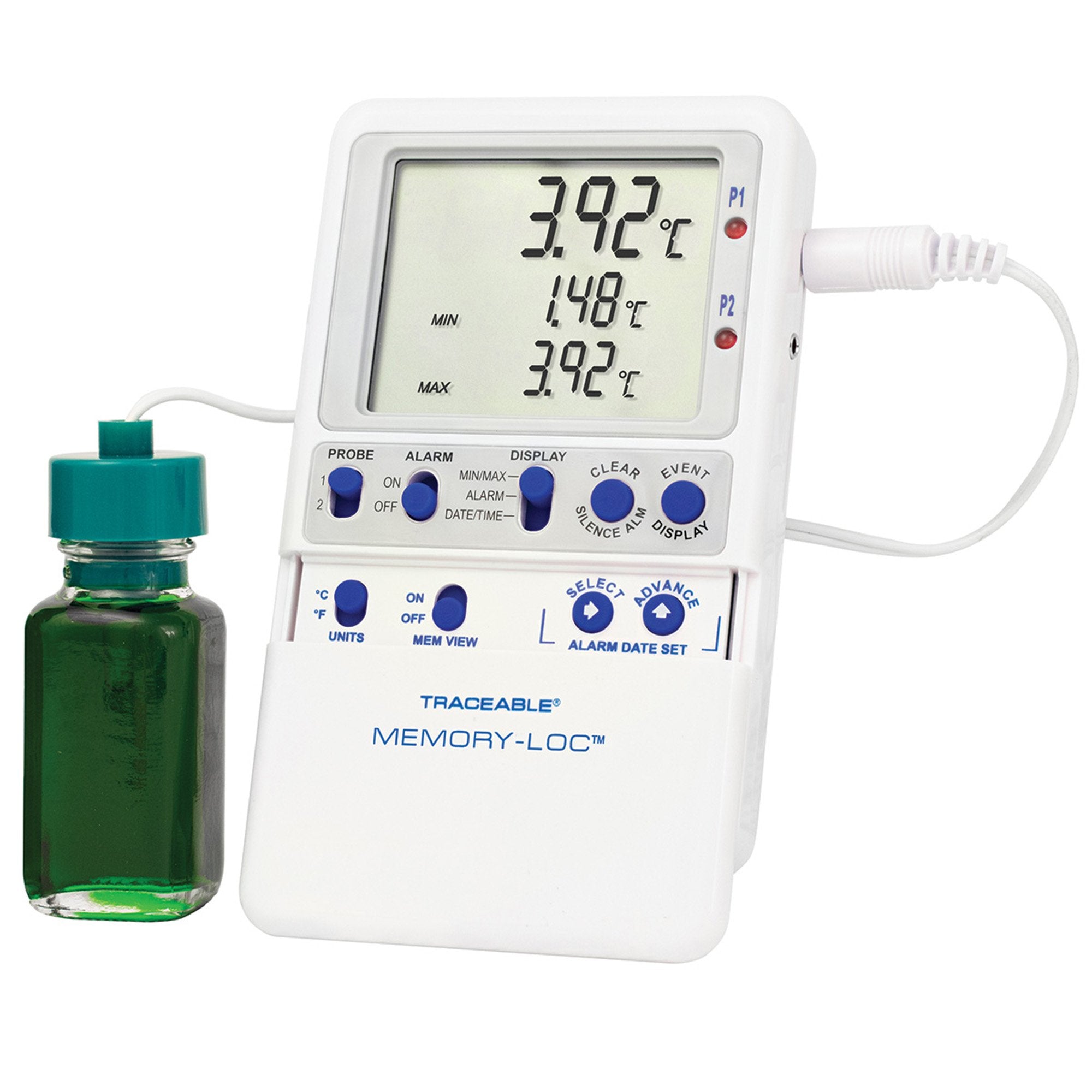 Refrigerator / Freezer Temperature Data Logger with Alarm Traceable Memory Loc Fahrenheit / Celsius 58° to +158°F ( 50° to +70°C) Glycol Bottle Probe Multiple Mounting Options Battery Operated
