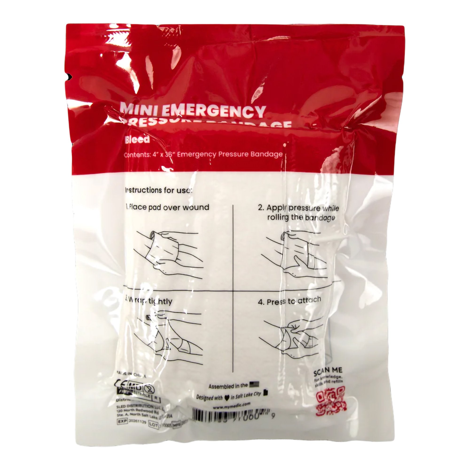 trauma pressure dressing with wrap my medic 4 x 36 inch hook and loop closure white sterile standard compression