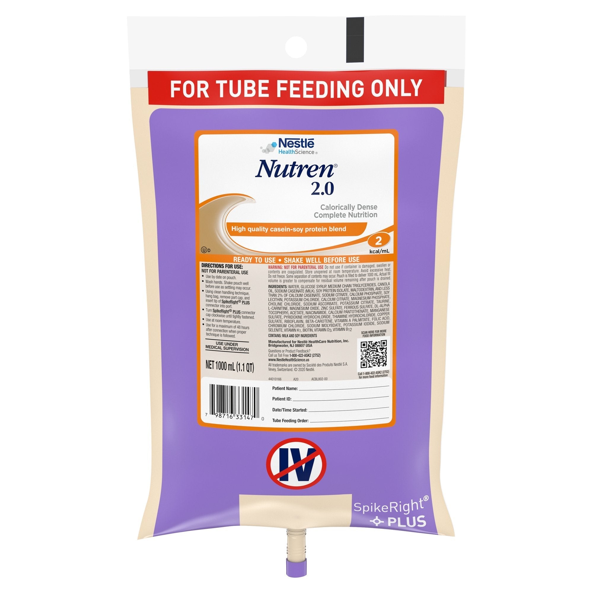 Tube Feeding Formula Nutren 2.0 Unflavored Liquid 1000 mL Ready to Hang Prefilled Container