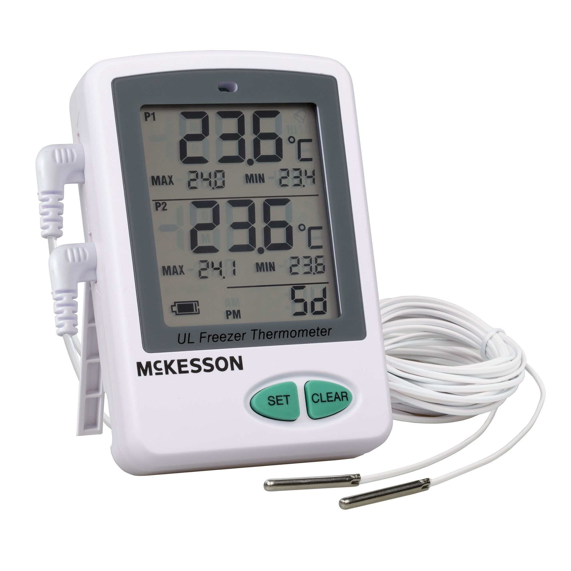 Ultra Low Temperature Data Logger with Alarm McKesson Fahrenheit / Celsius  112° to +158°F ( 80° to +70°C) 2 Stainless Steel Probes Flip out Stand Battery Operated