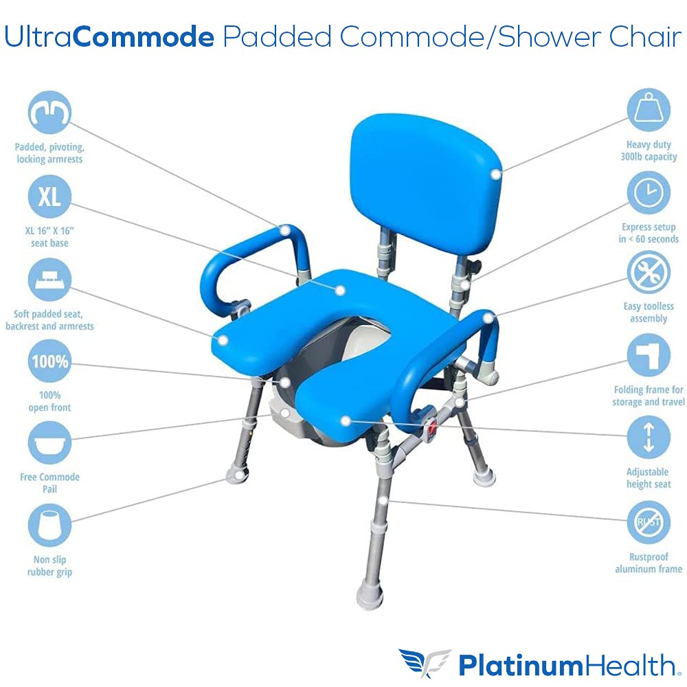 ultracommode™ foldable commode and shower chair soft warm padded portable and foldable xl toilet seat with open front
